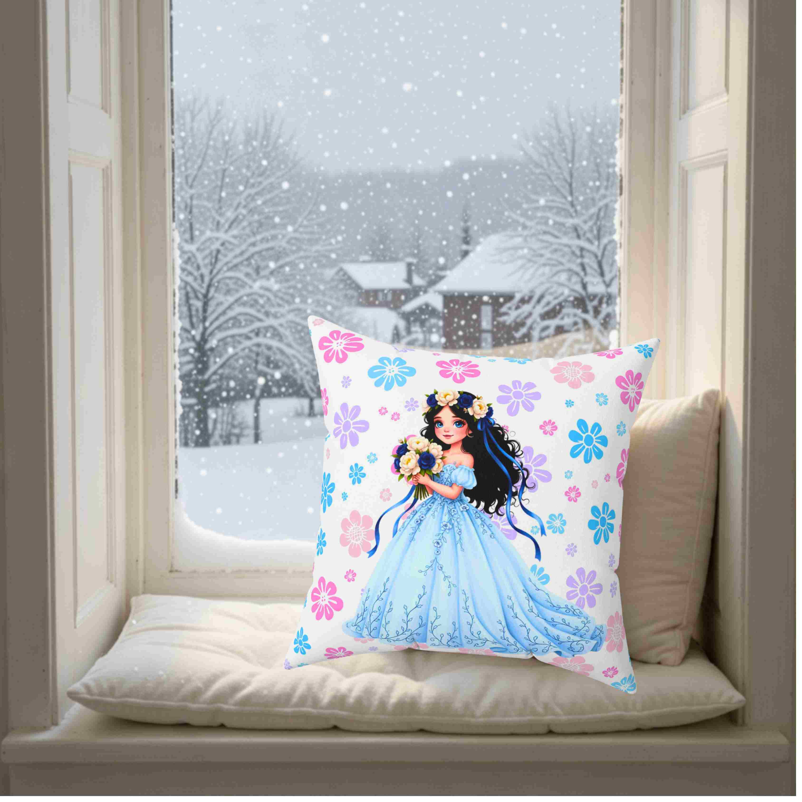 The Princess Collection Blue Gown Throw Pillow — Blue Gown Girl with Flower Crown Cushion Cover product thumbnail image