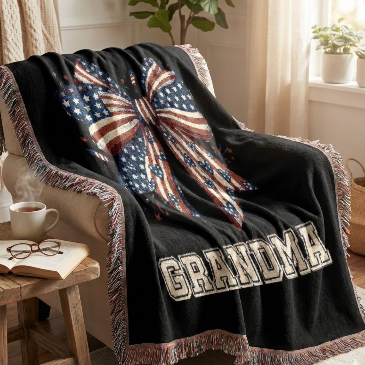 Personalized Patriotic Grandma Woven Blanket – American Flag Bow Tapestry Throw – Americana Home Decor & 4th of July Gift for Her product thumbnail image Personalized Patriotic Grandma Woven Blanket – American Flag Bow Tapestry Throw – Americana Home Decor & 4th of July Gift for Her product thumbnail image