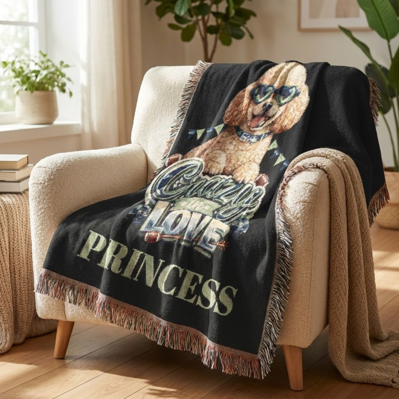 Personalized Name Crazy in Love" Poodle Woven Blanket – Princess Dog Tapestry Throw | Cute Poodle Mom Gift &amp; Valentine’s Day Decor (100% Cotton) product thumbnail image