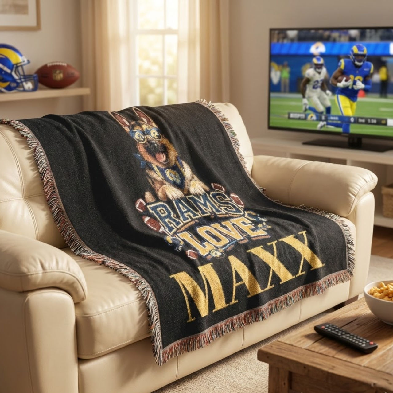 Personalized German Shepherd Rams Football Woven Blanket – Custom Name Dog Lover Throw – LA Football Fan Gift