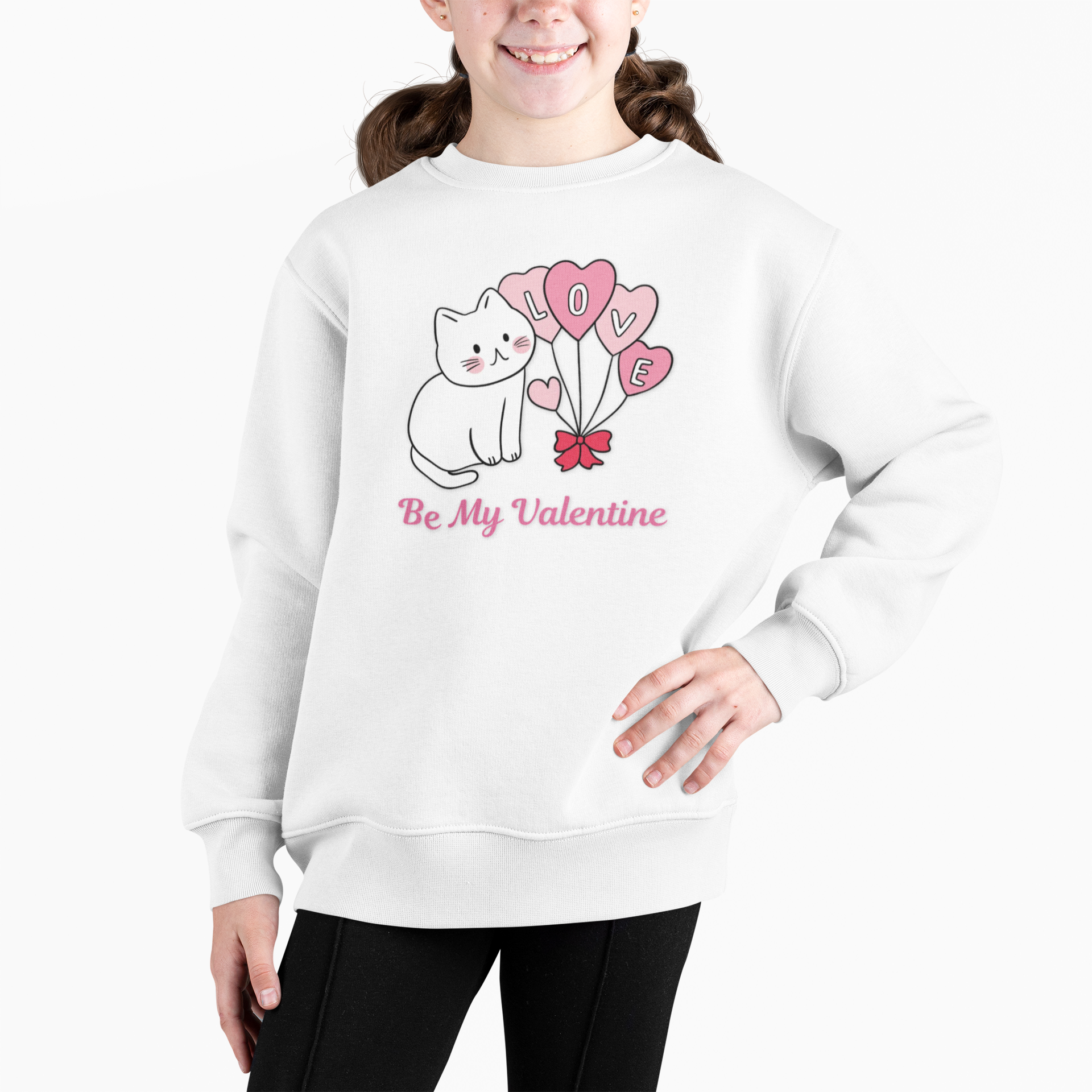 Valentine Cat Crewneck Sweatshirt — "Be My Valentine" Youth Pullover product thumbnail image Valentine Cat Crewneck Sweatshirt — "Be My Valentine" Youth Pullover product thumbnail image