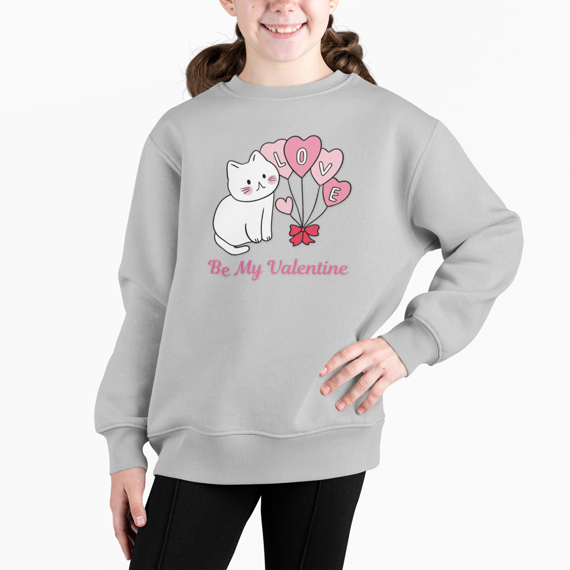 Valentine Cat Crewneck Sweatshirt — "Be My Valentine" Youth Pullover product thumbnail image Valentine Cat Crewneck Sweatshirt — "Be My Valentine" Youth Pullover product thumbnail image