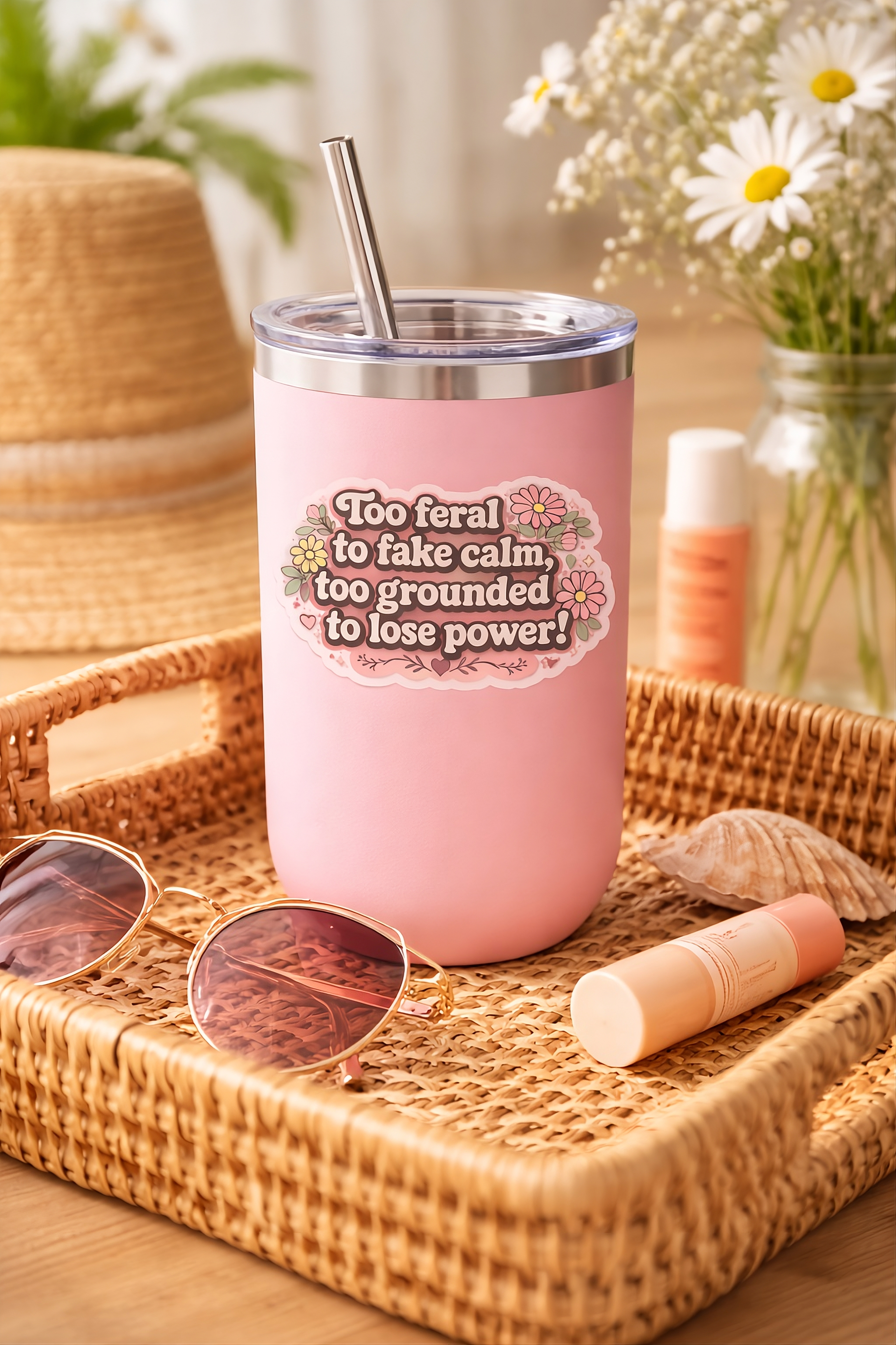 Sticker — "Too feral to fake calm, too grounded to lose power!" Floral Die-Cut Sticker product thumbnail image