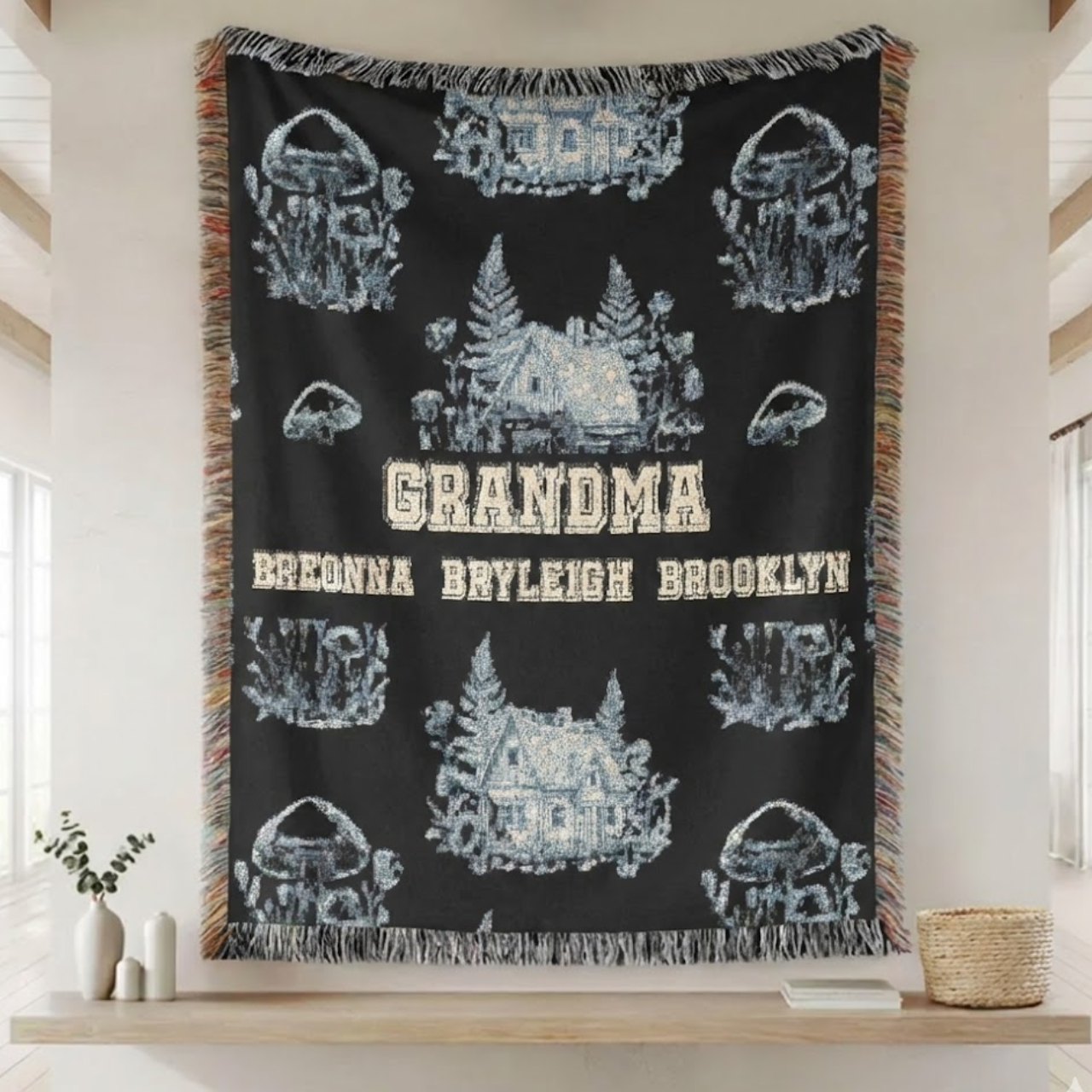 Personalized Woven Blanket for Grandma | Custom Grandkids Names | Cozy Cottagecore Mushroom Design | 100% Cotton Heirloom Tapestry Throw