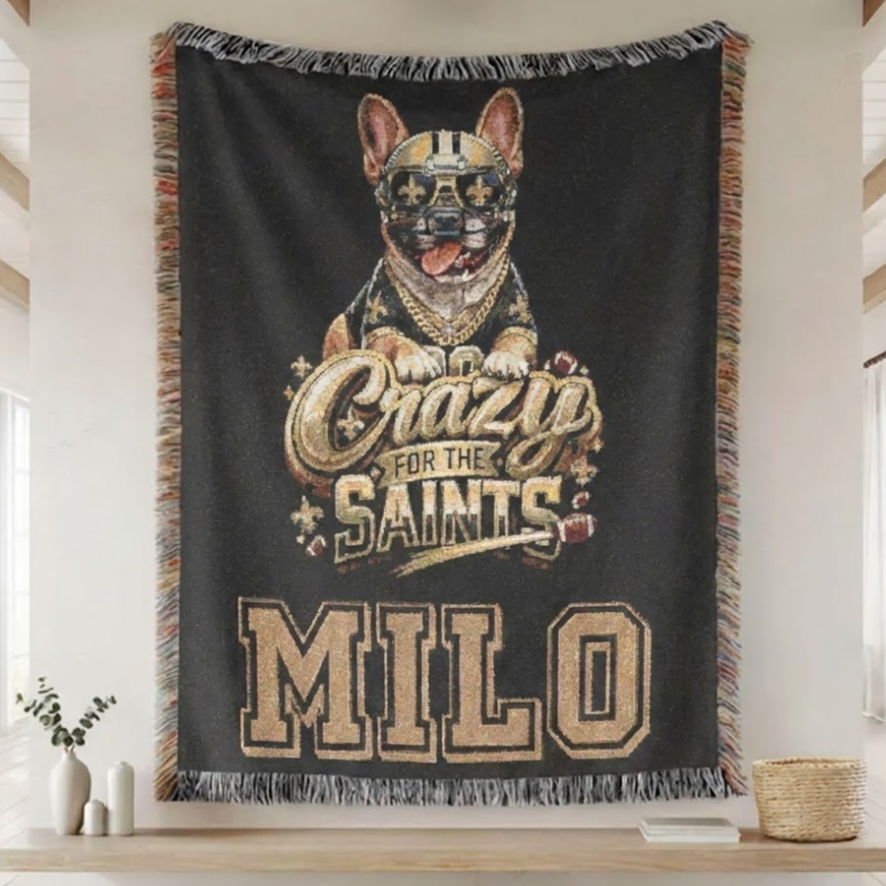 Personalized New Orleans Football Woven Blanket | Custom French Bulldog "Crazy for the Saints" Tapestry Throw | Black & Gold Fan Gift product thumbnail image Personalized New Orleans Football Woven Blanket | Custom French Bulldog "Crazy for the Saints" Tapestry Throw | Black & Gold Fan Gift product thumbnail image