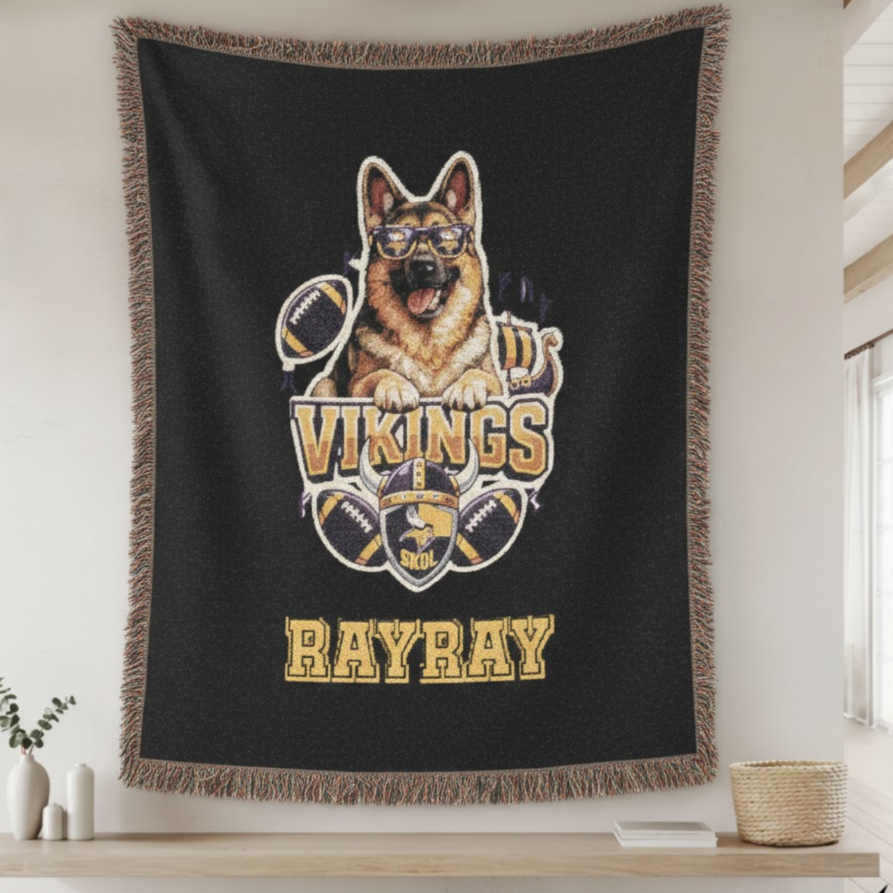 Personalized Minnesota Vikings German Shepherd Woven Throw Blanket - Custom Football Fan Gift