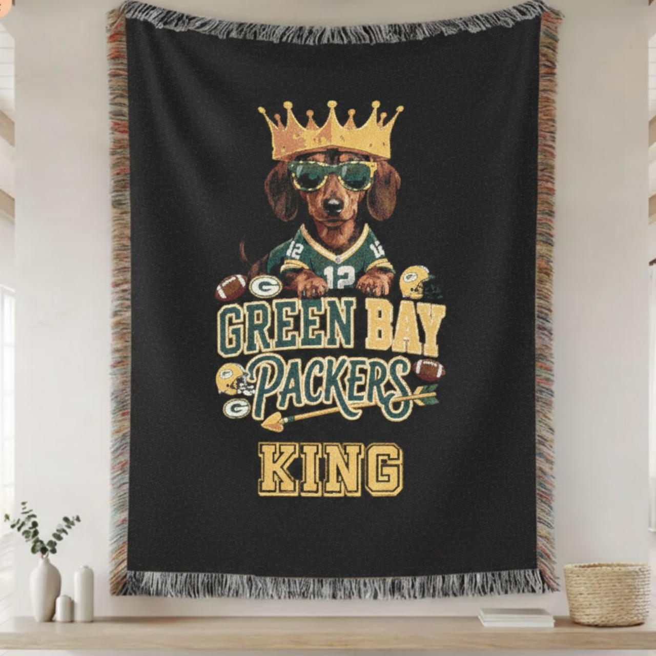 Personalized Green Bay Packers King Dachshund Woven Throw Blanket - NFL Fan Gift &amp; Home Decor product thumbnail image
