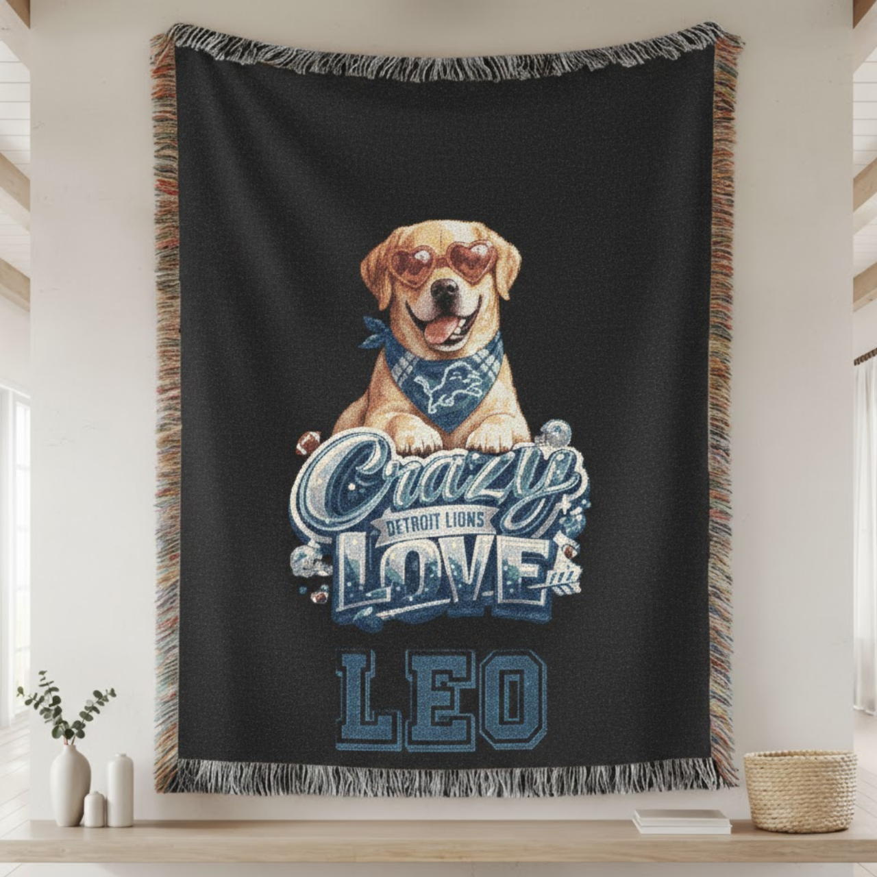 Personalized Detroit Lions Golden Retriever Woven Blanket - Custom Name "Crazy Love" Football Fan Throw - Made in USA product thumbnail image