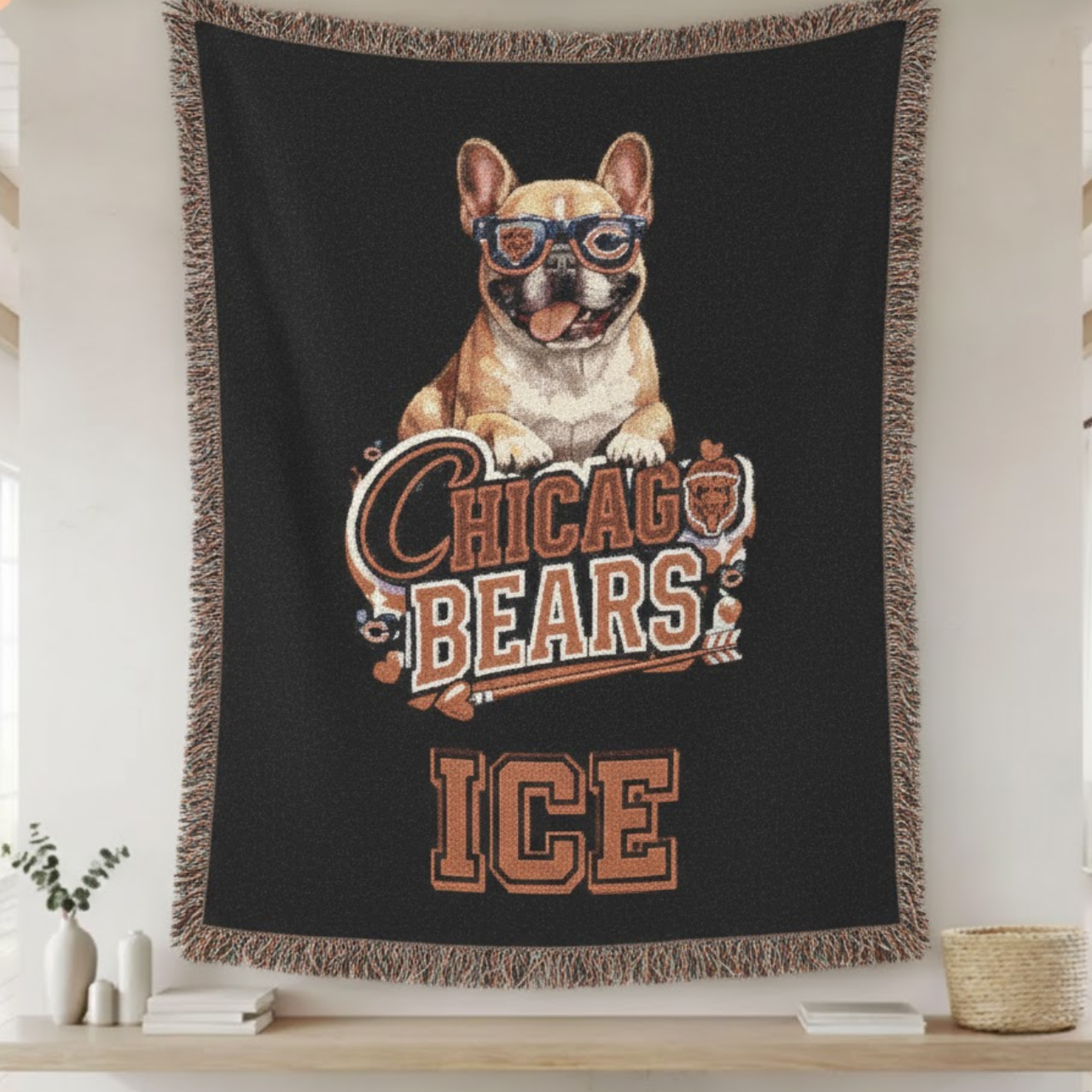Personalized Chicago Bears French Bulldog Woven Throw Blanket - Custom Frenchie Fan Art - Cozy Premium Cotton Fringe Blanket for Game Day &amp; Home Decor