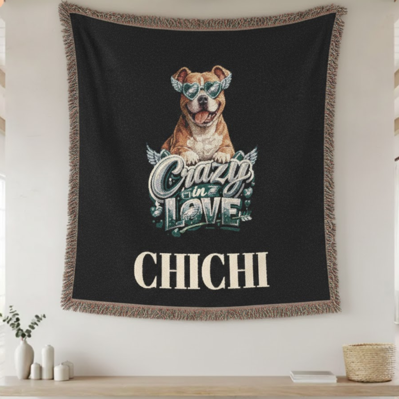 Custom Pitbull Woven Throw Blanket - Personalized Dog Mom Gift - "Crazy In Love" Pet Tribute Tapestry - Fringed Cotton Keepsake for Living Room Decor