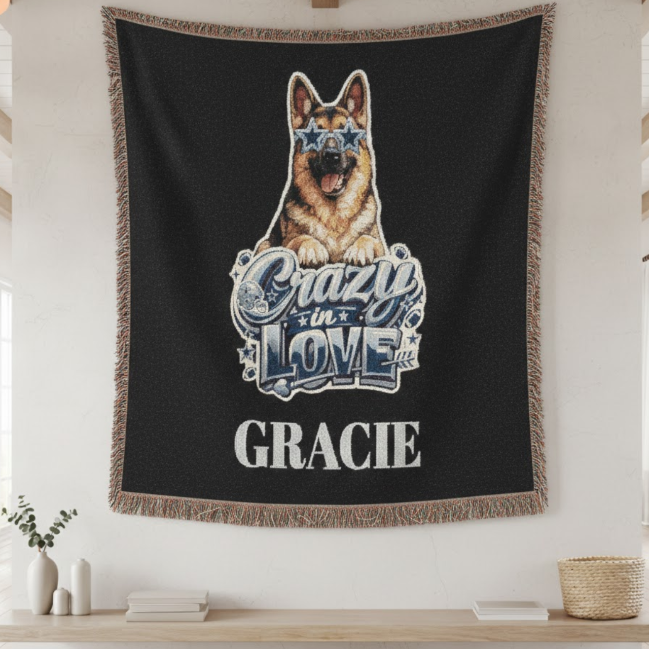 Custom German Shepherd Woven Throw Blanket - Personalized "Crazy in Love" Pet Name Tapestry - Unique Dog Lover Gift - Cozy Cotton Fringed Heirloom