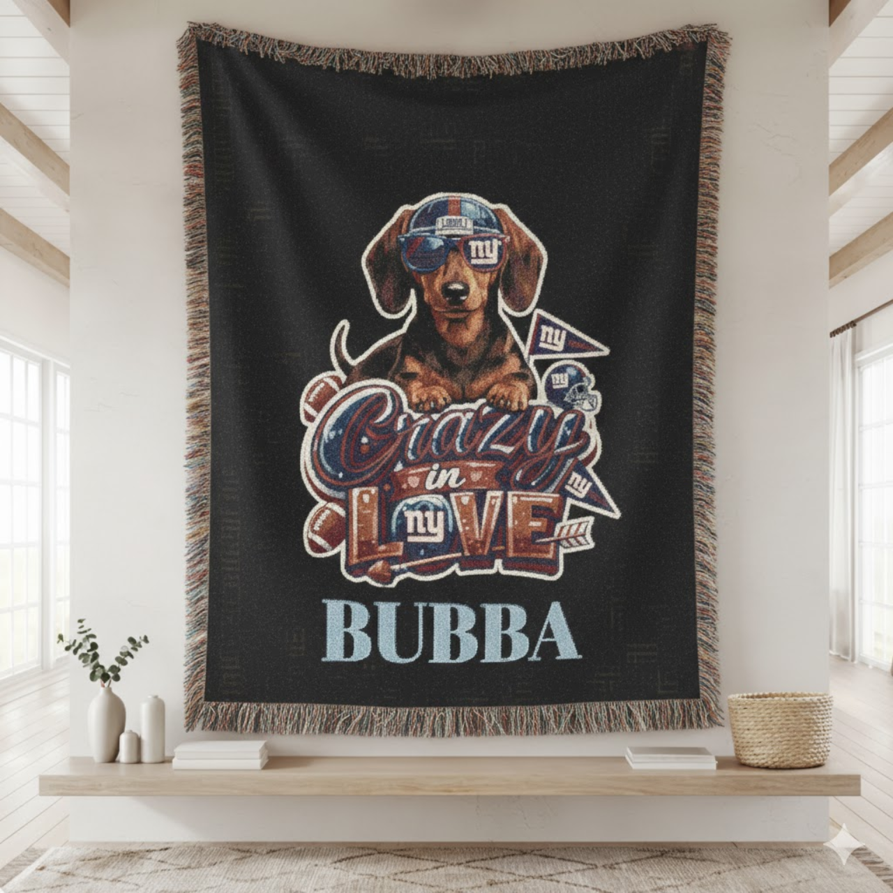 Custom New York Giants Dachshund Woven Throw Blanket - Personalized "Crazy in Love" Doxie Gift for NY Football Fans - 100% Cotton Fringe Wall Tapestry or Couch Throw