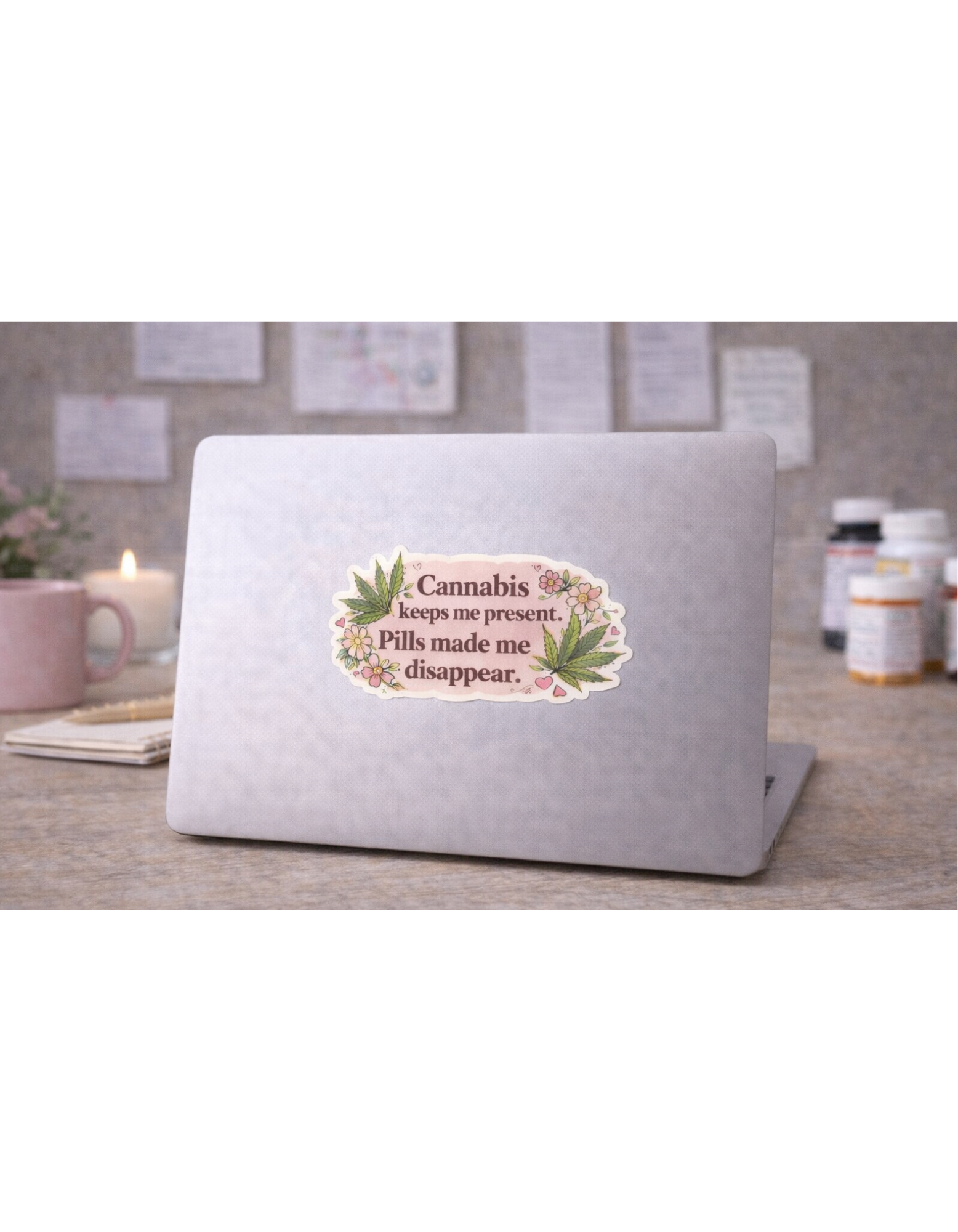 Cannabis Keeps Me Present Sticker — Retro Floral Medical Marijuana Quote Kiss-Cut Sticker product thumbnail image