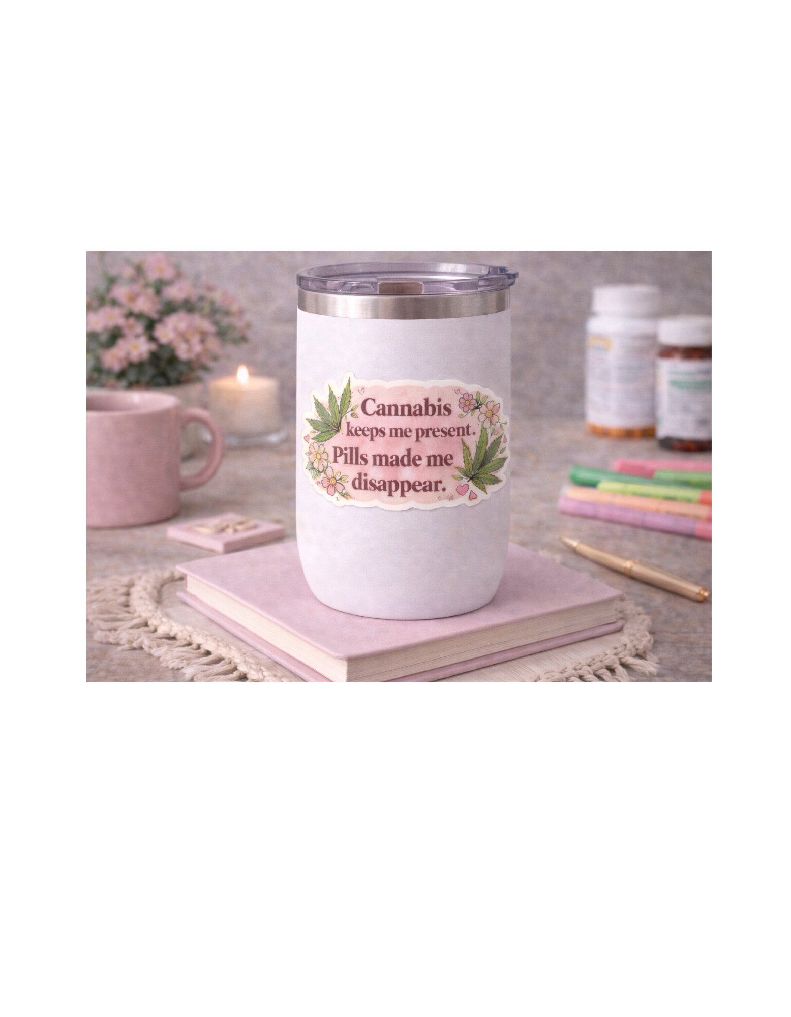 Cannabis Keeps Me Present Sticker — Retro Floral Medical Marijuana Quote Kiss-Cut Sticker product thumbnail image Cannabis Keeps Me Present Sticker — Retro Floral Medical Marijuana Quote Kiss-Cut Sticker product thumbnail image