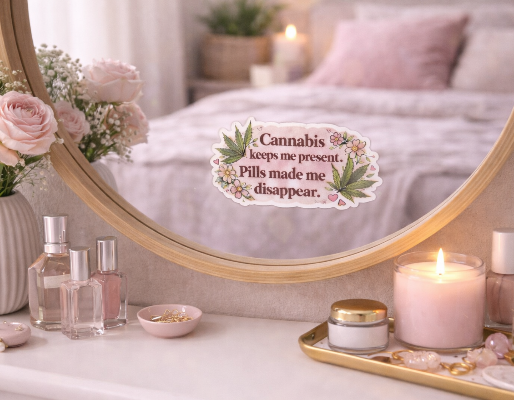 Cannabis Keeps Me Present Sticker — Retro Floral Medical Marijuana Quote Kiss-Cut Sticker