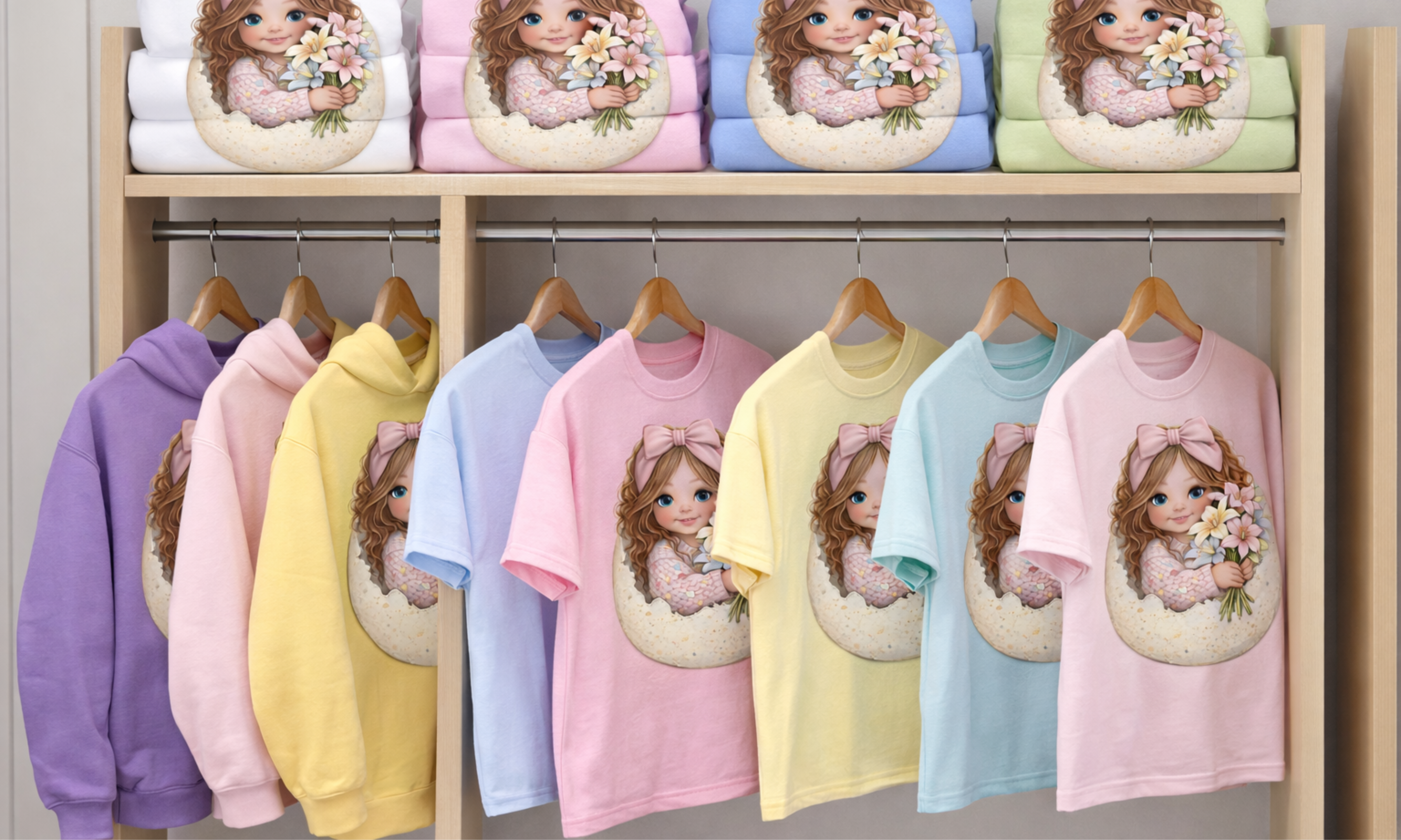 Cute Girl in Egg with Flowers T‑Shirt — Vintage Easter Kids Graphic Tee product thumbnail image