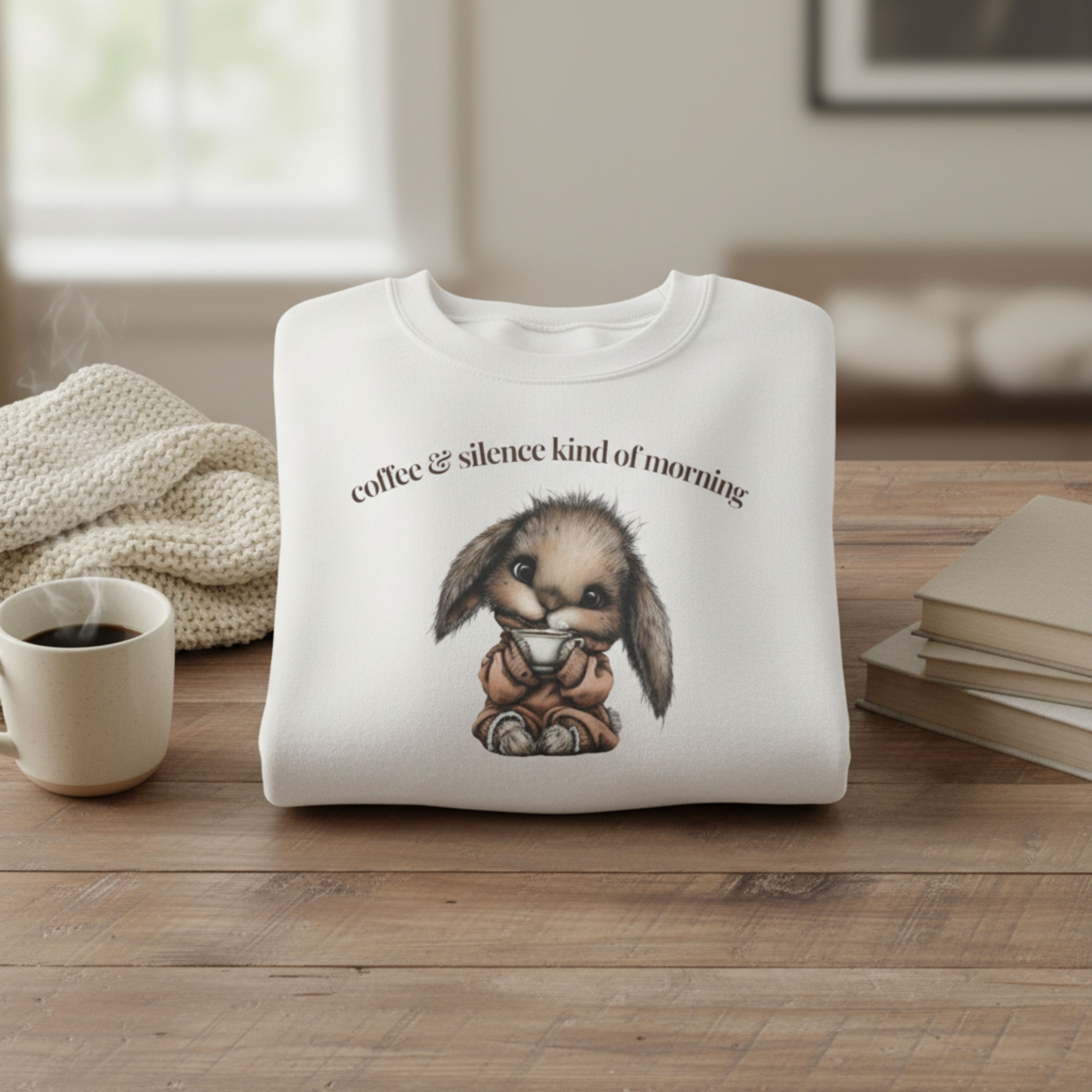 Cute Sleepy Bunny 'coffee & silence kind of morning' Sweater product thumbnail image Cute Sleepy Bunny 'coffee & silence kind of morning' Sweater product thumbnail image