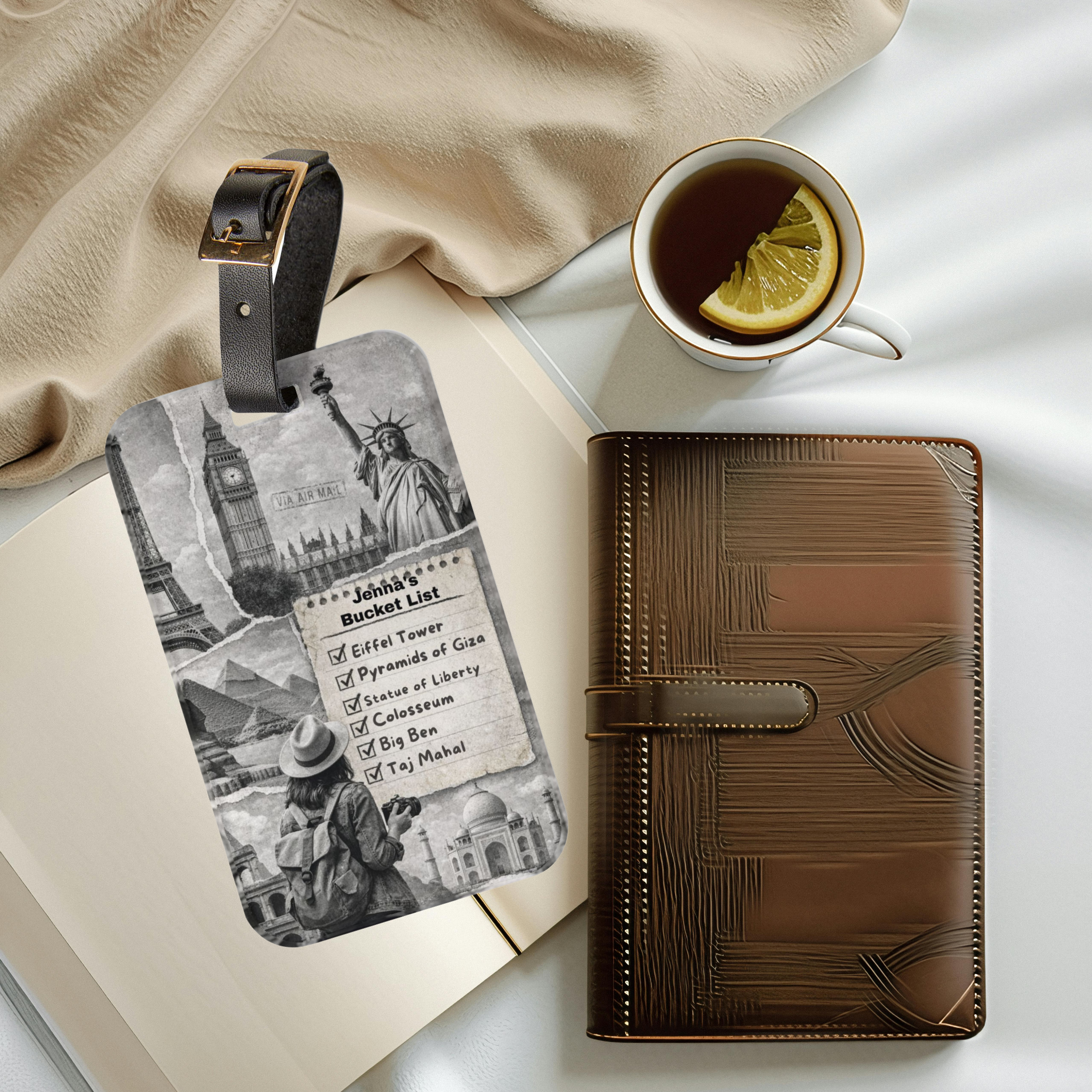 Bucket List Travel Luggage Tag — Personalized Vintage World Landmarks Design product thumbnail image Bucket List Travel Luggage Tag — Personalized Vintage World Landmarks Design product thumbnail image