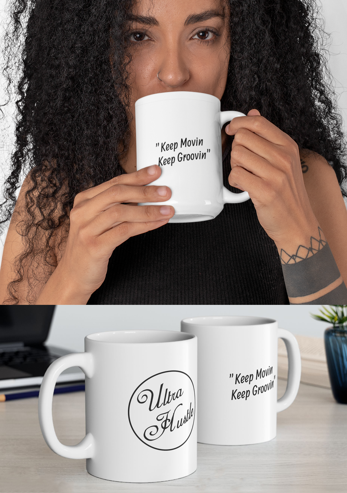 Ultra Hustle Logo +"Keep Movin Keep Groovin" Ceramic Mug — Ultra Jolt Coffee Cup (11oz, 15oz) product thumbnail image Ultra Hustle Logo +"Keep Movin Keep Groovin" Ceramic Mug — Ultra Jolt Coffee Cup (11oz, 15oz) product thumbnail image