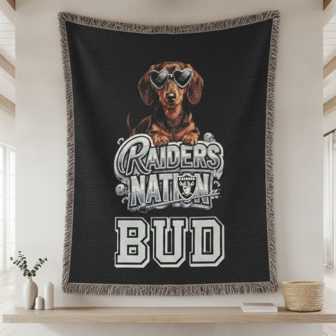 Custom Raiders Nation Dachshund Woven Throw Blanket - Personalized Doxie Fan Tapestry - Las Vegas Football Dog Lover Gift - Premium Fringed Cotton Wall Art product thumbnail image Custom Raiders Nation Dachshund Woven Throw Blanket - Personalized Doxie Fan Tapestry - Las Vegas Football Dog Lover Gift - Premium Fringed Cotton Wall Art product thumbnail image