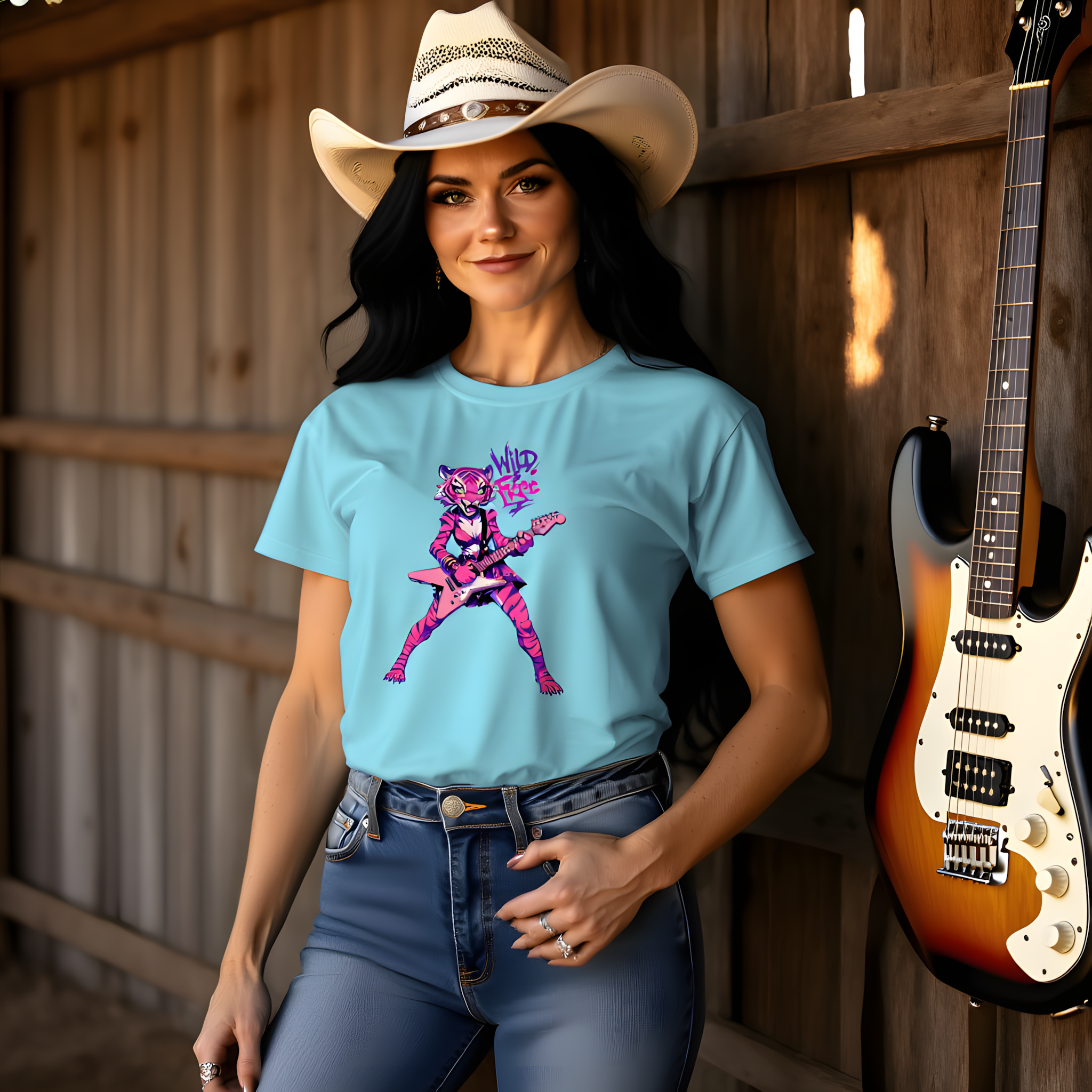 Pink Tiger Wild &amp; Free Guitarist  T-Shirt — Retro Punk Vibe Pink Tiger Rock Graphic Tee product thumbnail image