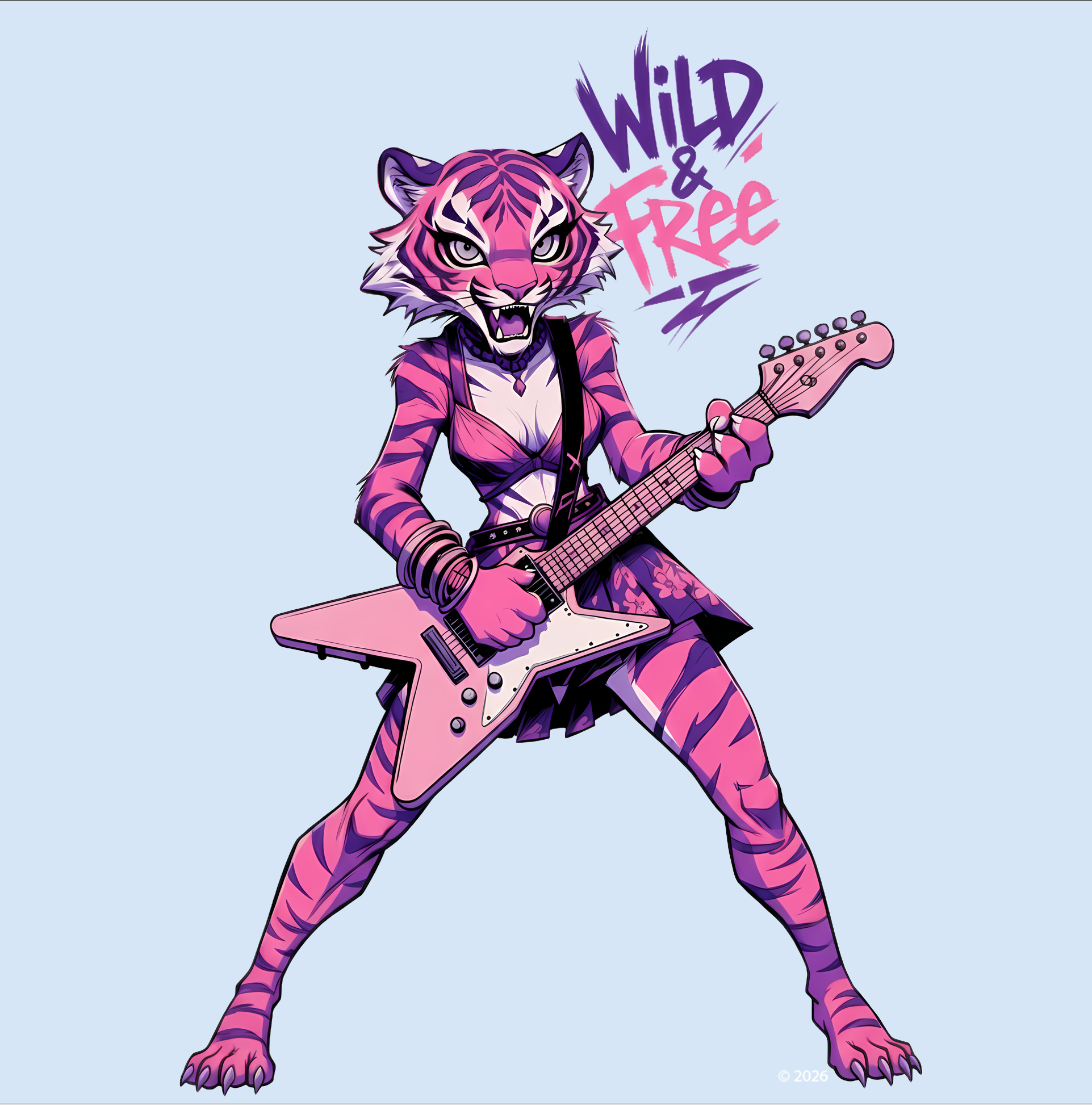 Pink Tiger Wild &amp; Free Guitarist  T-Shirt — Retro Punk Vibe Pink Tiger Rock Graphic Tee product thumbnail image