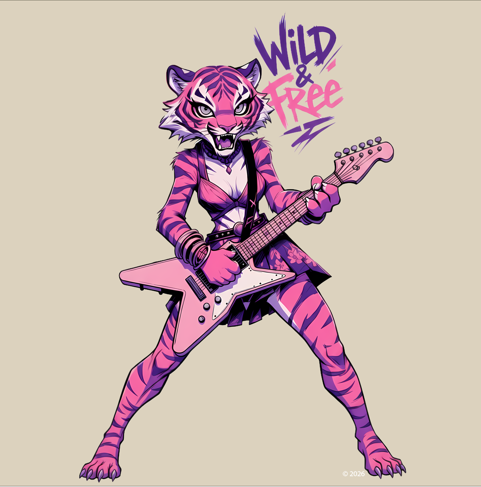 Pink Tiger Wild &amp; Free Guitarist  T-Shirt — Retro Punk Vibe Pink Tiger Rock Graphic Tee product thumbnail image