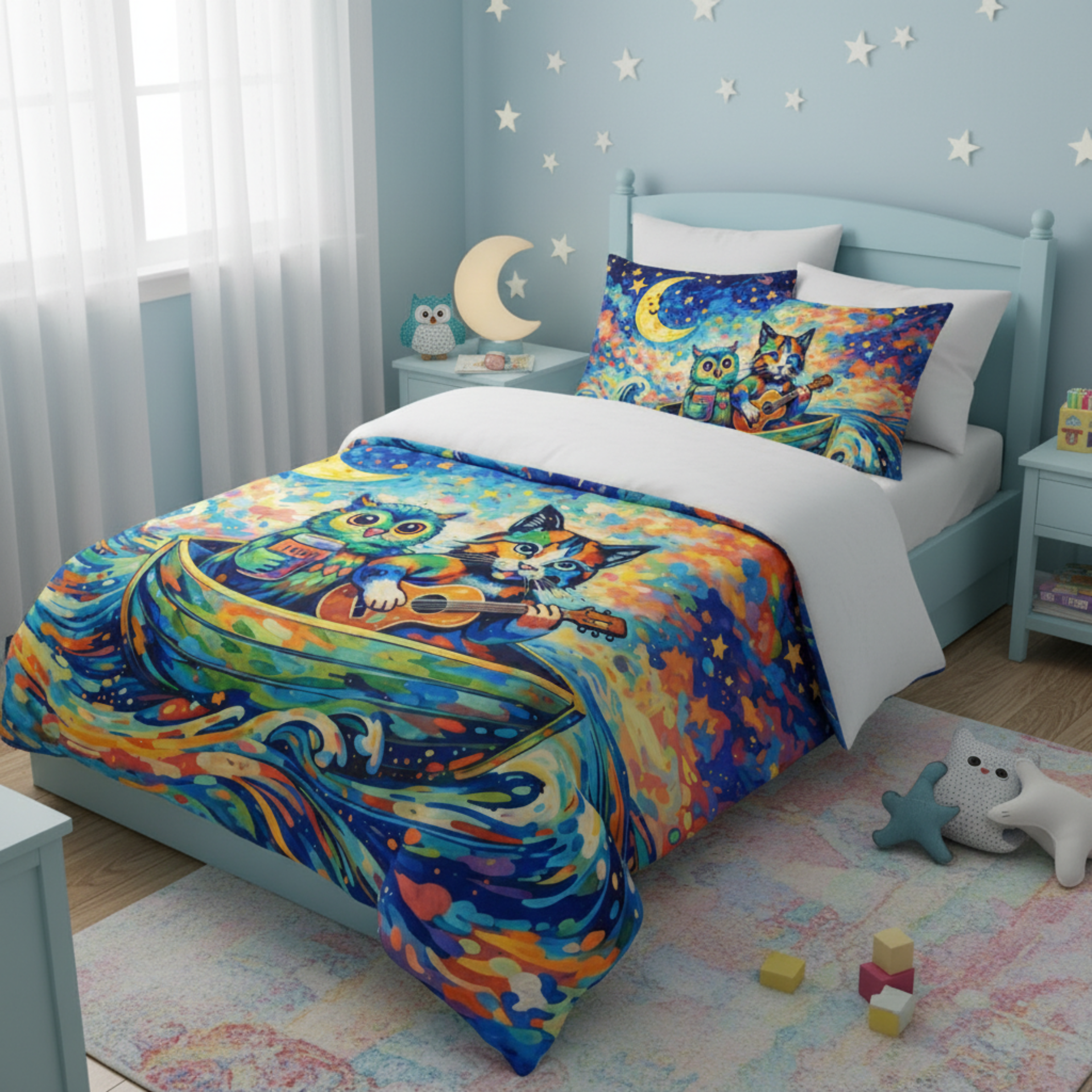 The Owl and the Pussycat Comforter — Colorful Starry Night Kids Bedding product thumbnail image
