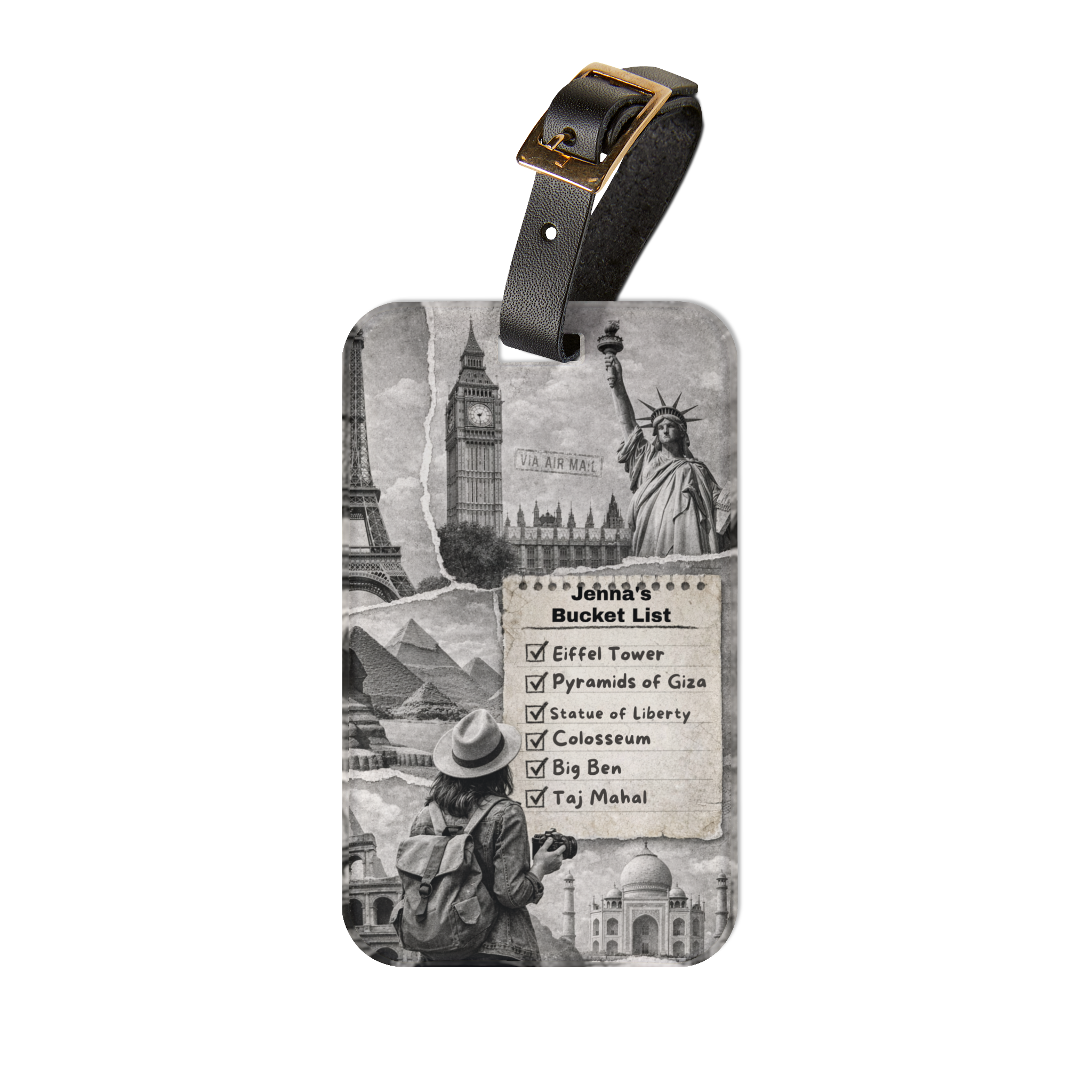 Bucket List Travel Luggage Tag — Personalized Vintage World Landmarks Design product thumbnail image Bucket List Travel Luggage Tag — Personalized Vintage World Landmarks Design product thumbnail image