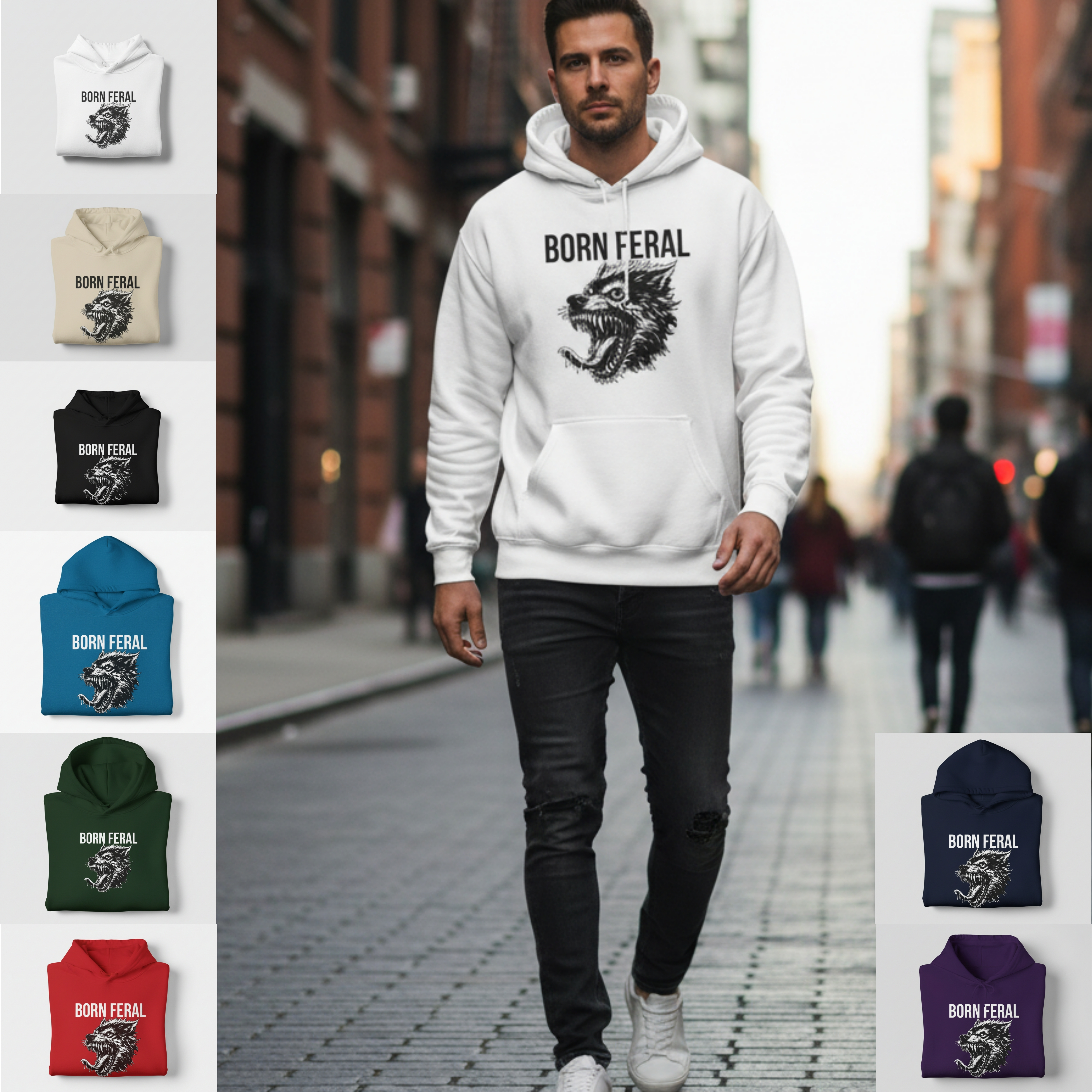 Born Feral Hoodie — Graphic Wolf Head Hooded Sweatshirt product thumbnail image