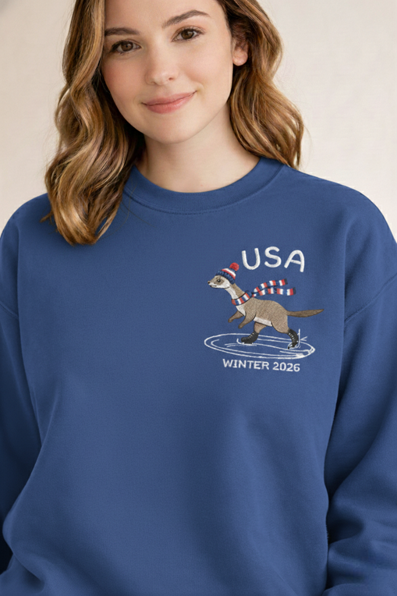 USA Stoat Winter 2026 Embroidered Sweatshirt  Cute Olympic Skating Crewneck, Milano Cortina 2026 Shirt, Animal Graphic, Cozy Unisex Pullover