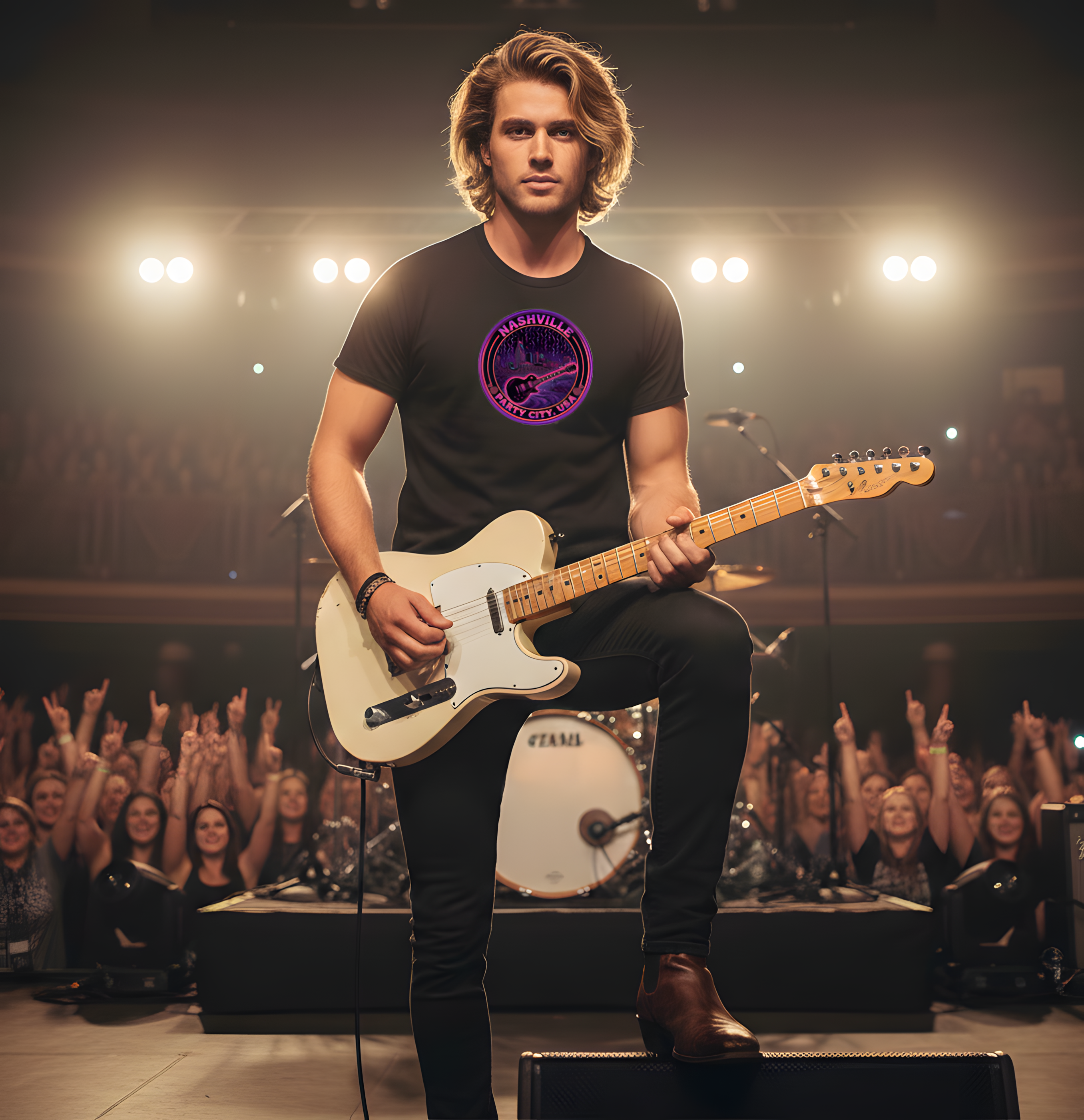 Nashville Party City USA Guitar Tee — Retro Neon Music City Badge T-Shirt product thumbnail image Nashville Party City USA Guitar Tee — Retro Neon Music City Badge T-Shirt product thumbnail image