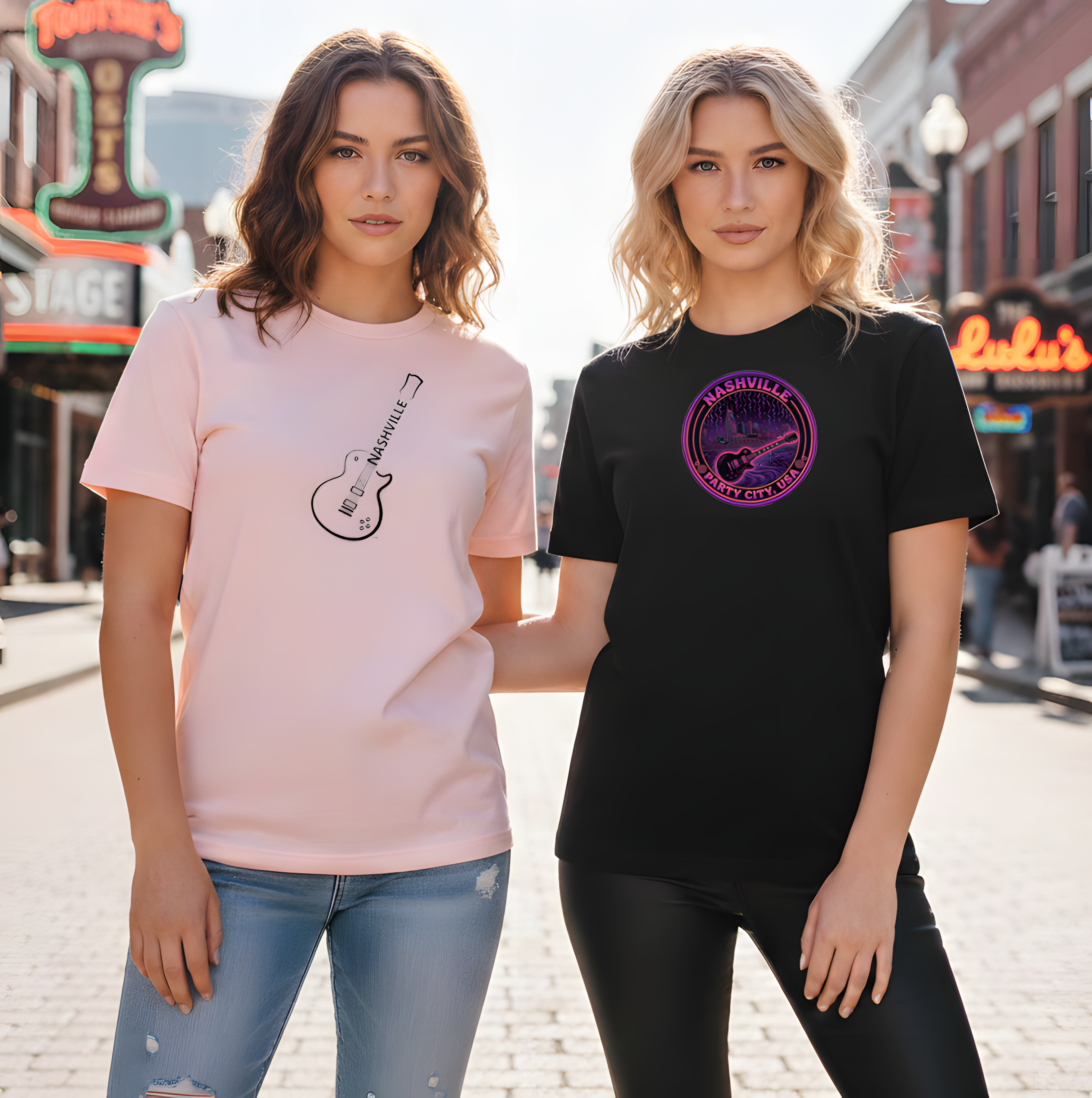 Nashville Party City USA Guitar Tee — Retro Neon Music City Badge T-Shirt product thumbnail image