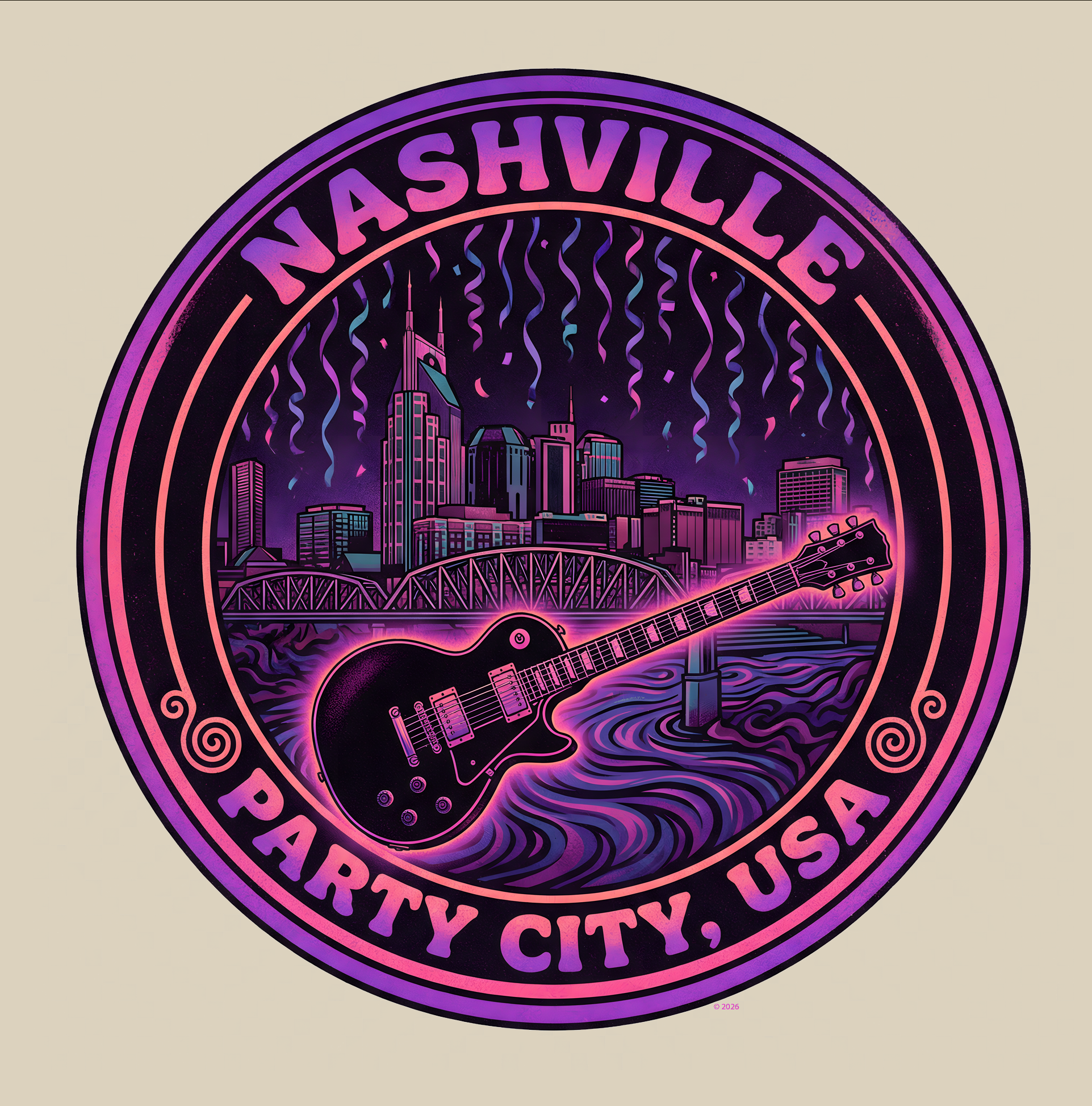 Nashville Party City USA Guitar Tee — Retro Neon Music City Badge T-Shirt product thumbnail image Nashville Party City USA Guitar Tee — Retro Neon Music City Badge T-Shirt product thumbnail image