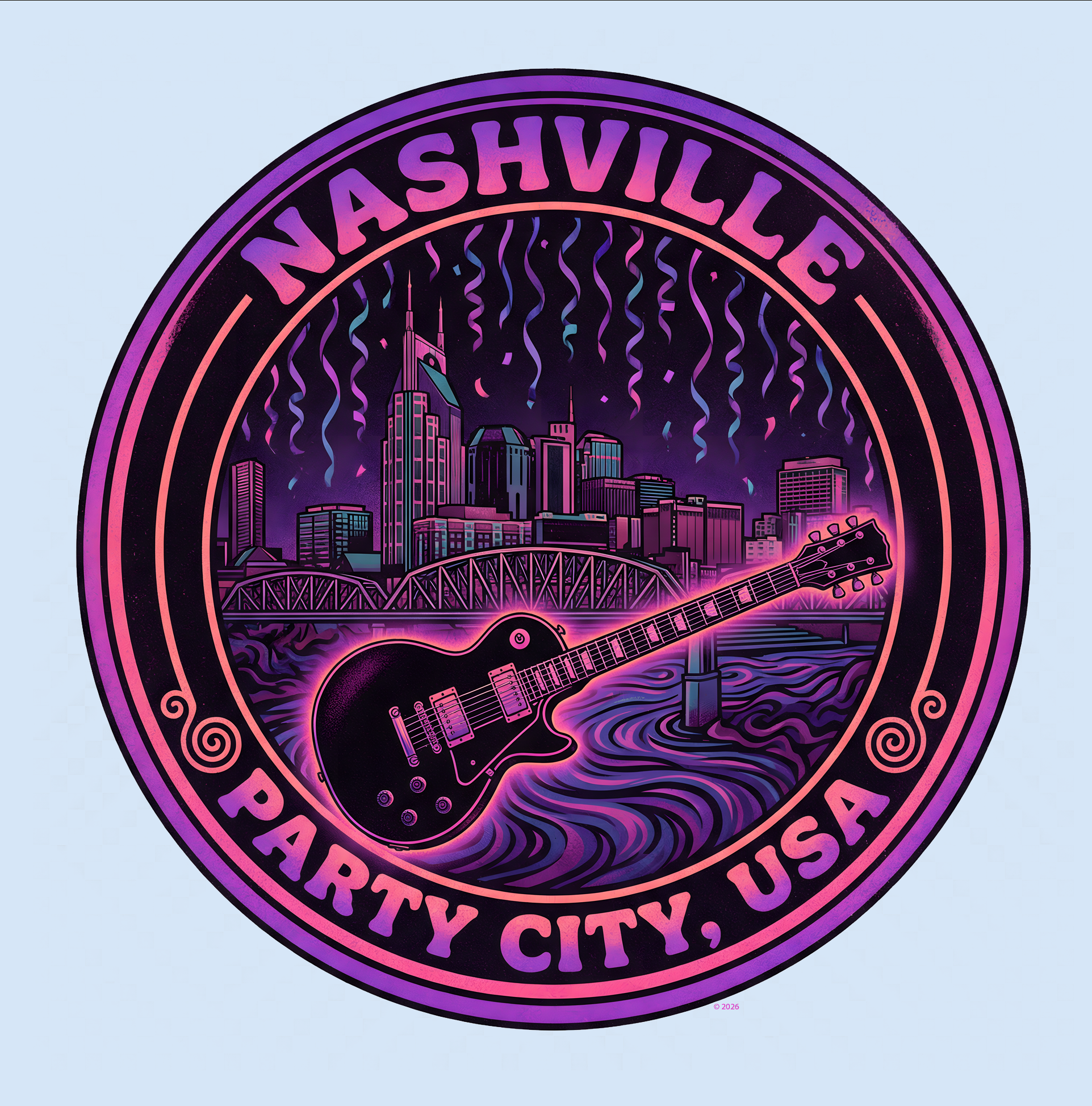 Nashville Party City USA Guitar Tee — Retro Neon Music City Badge T-Shirt product thumbnail image