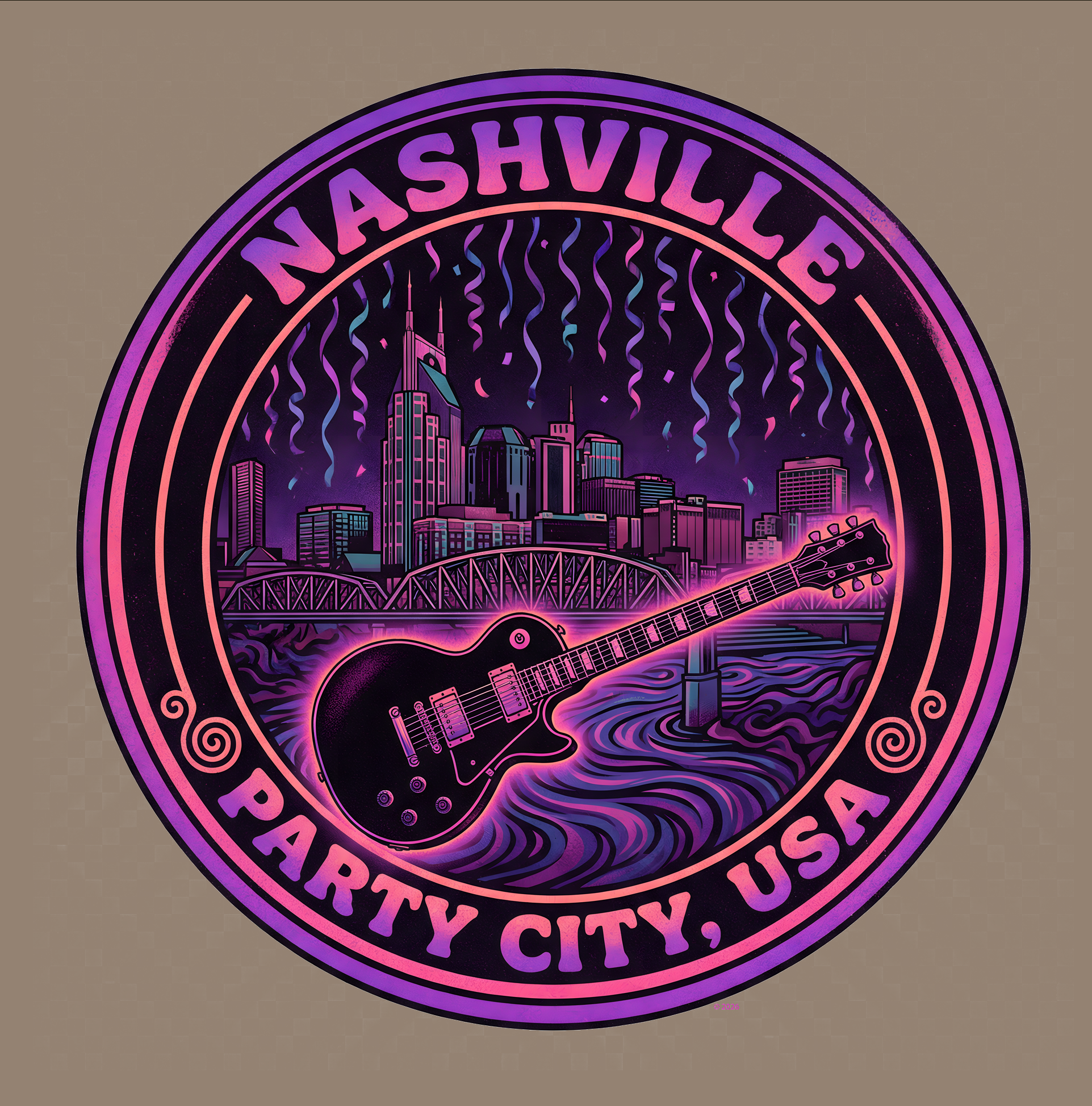 Nashville Party City USA Guitar Tee — Retro Neon Music City Badge T-Shirt product thumbnail image