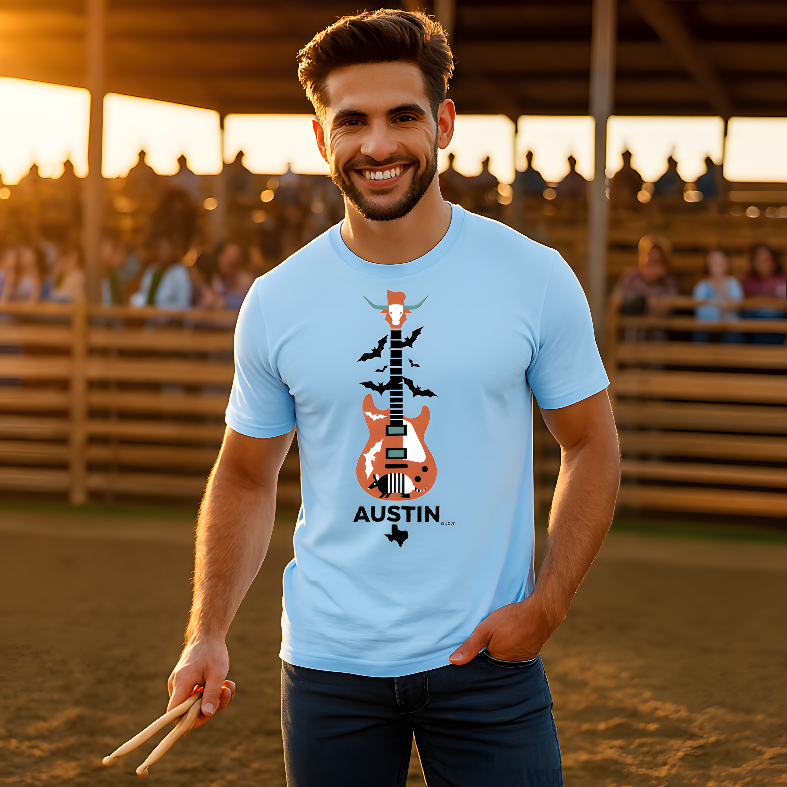 Austin Vintage Longhorn & Armadillo Guitar Tee — Guitar Graphic T‑Shirt product thumbnail image Austin Vintage Longhorn & Armadillo Guitar Tee — Guitar Graphic T‑Shirt product thumbnail image