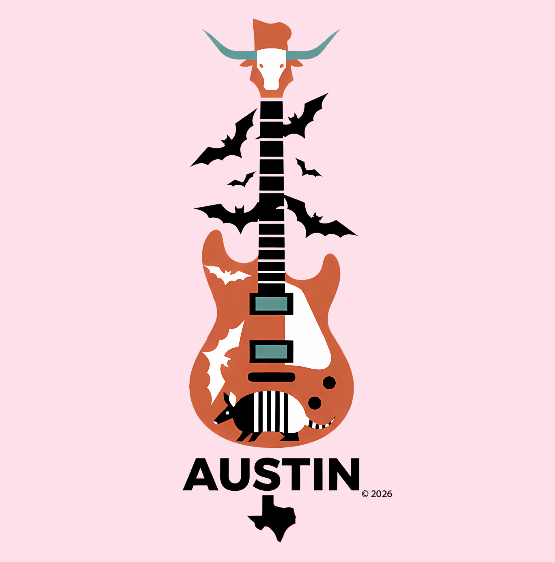 Austin Vintage Longhorn &amp; Armadillo Guitar Tee — Guitar Graphic T‑Shirt product thumbnail image