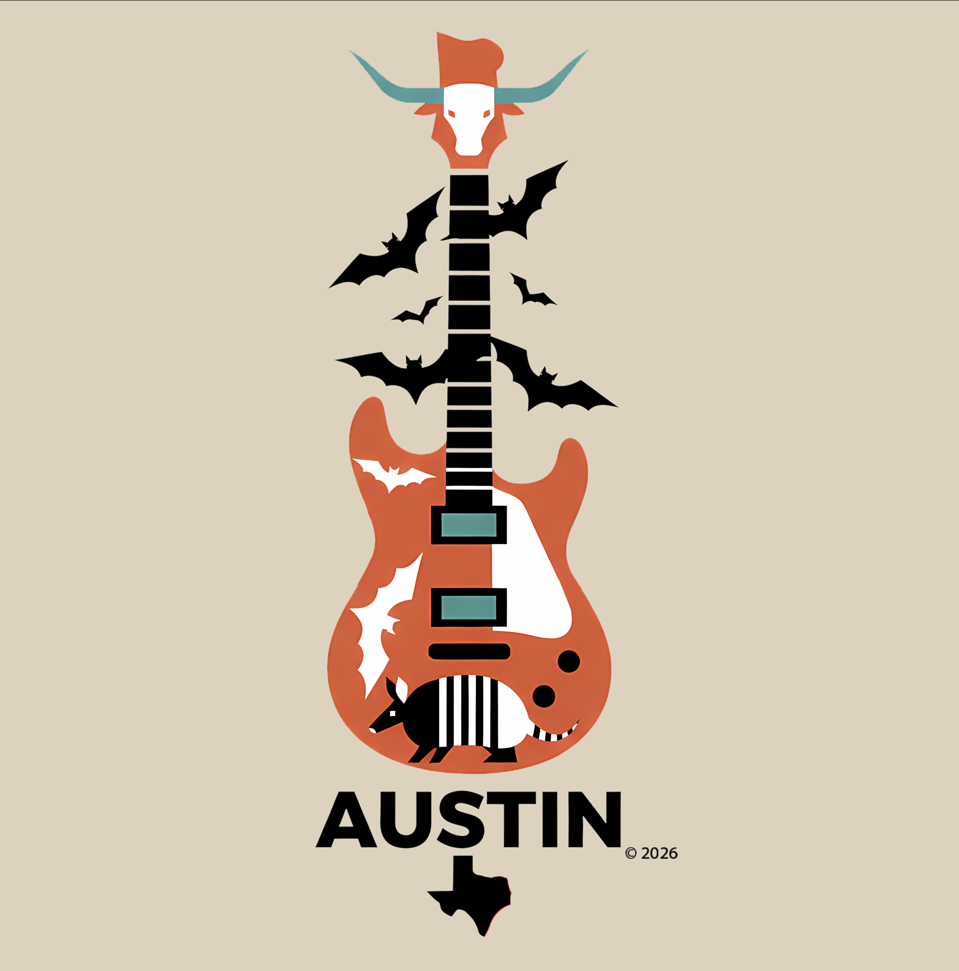 Austin Vintage Longhorn &amp; Armadillo Guitar Tee — Guitar Graphic T‑Shirt product thumbnail image