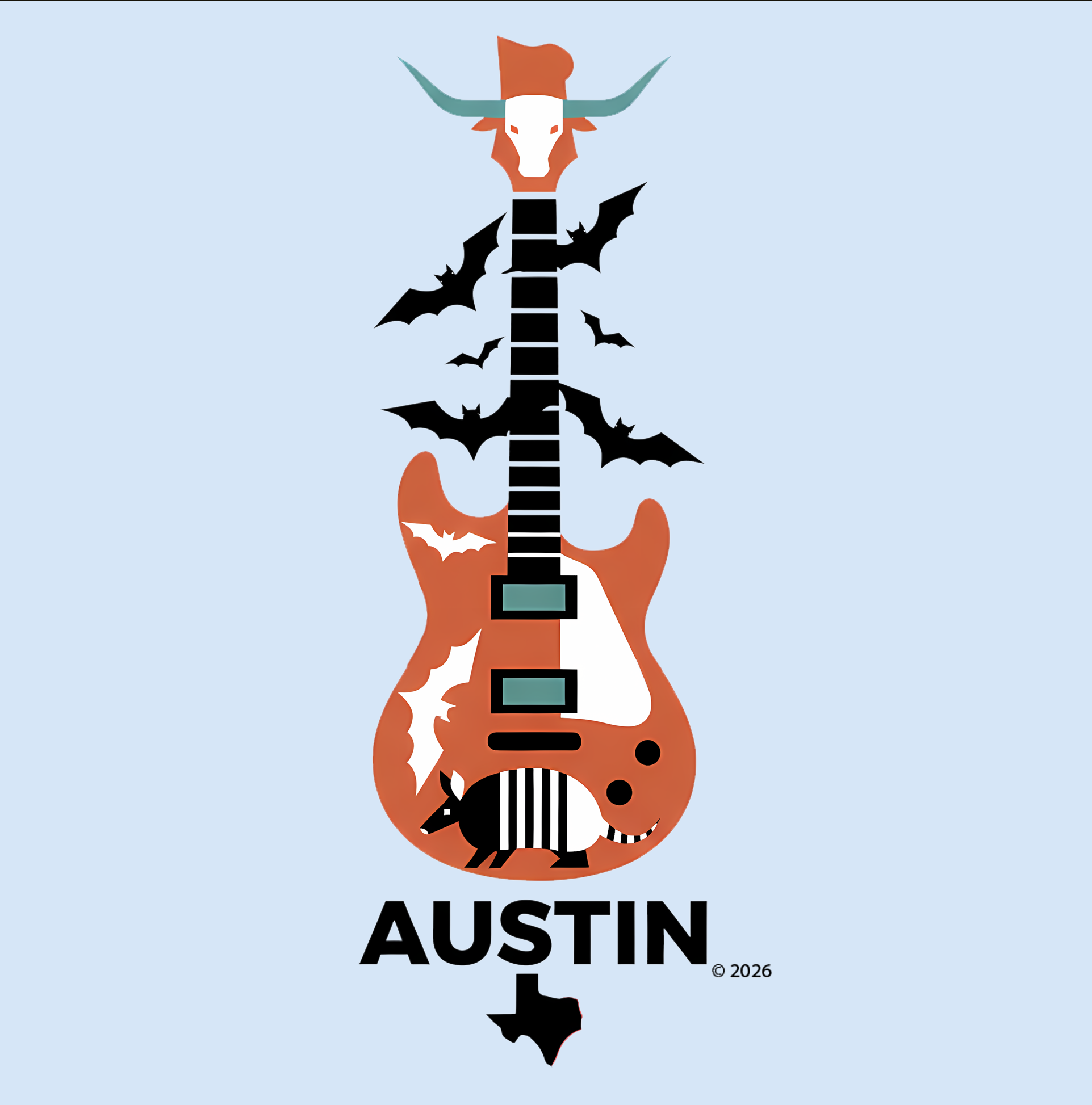 Austin Vintage Longhorn &amp; Armadillo Guitar Tee — Guitar Graphic T‑Shirt product thumbnail image