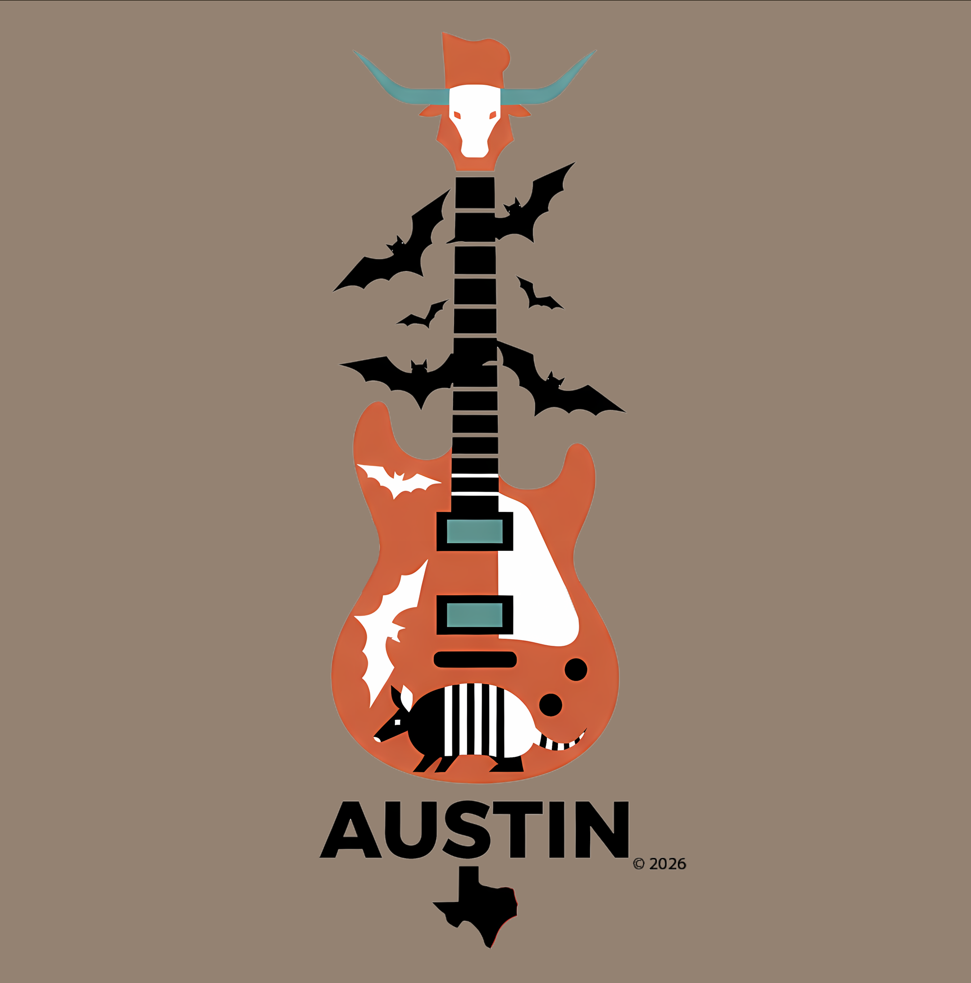 Austin Vintage Longhorn &amp; Armadillo Guitar Tee — Guitar Graphic T‑Shirt product thumbnail image