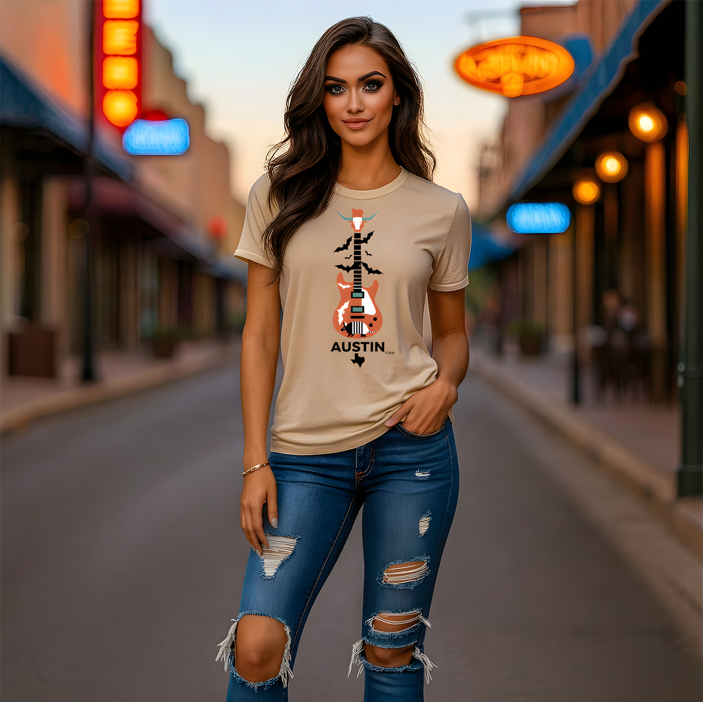 Austin Vintage Longhorn &amp; Armadillo Guitar Tee — Guitar Graphic T‑Shirt product thumbnail image