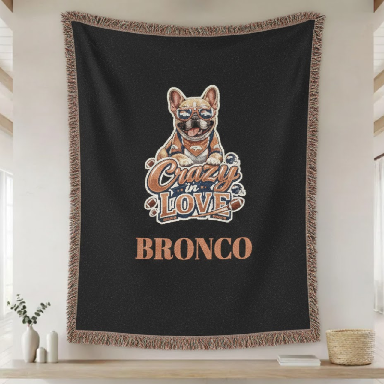 Custom French Bulldog Woven Throw Blanket - Denver Football Fan Gift, Crazy In Love Frenchie Tapestry, Cozy Home Decor &amp; Wall Hanging product thumbnail image