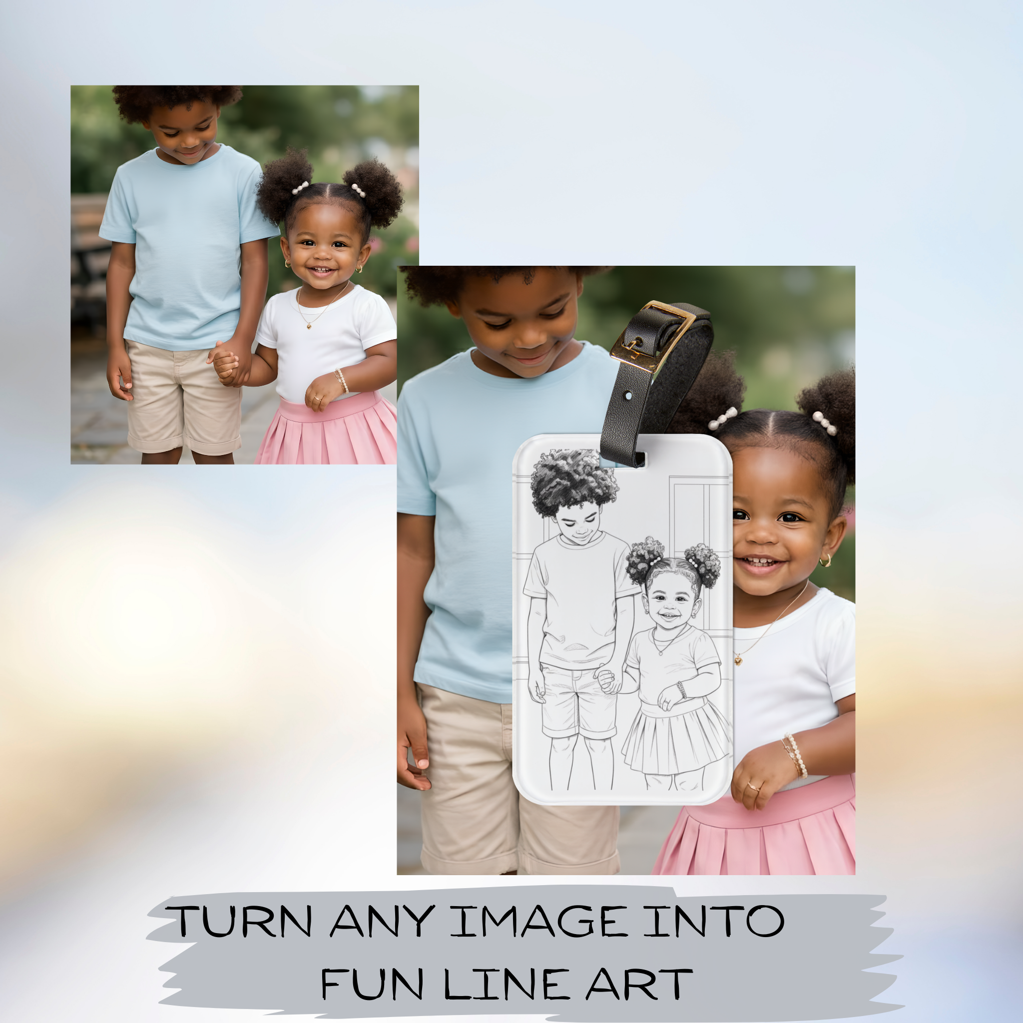 Personalized luggage tag that turns your favorite photo into clean, modern line art so your suitcase is instantly recognizable at the carousel. product thumbnail image
