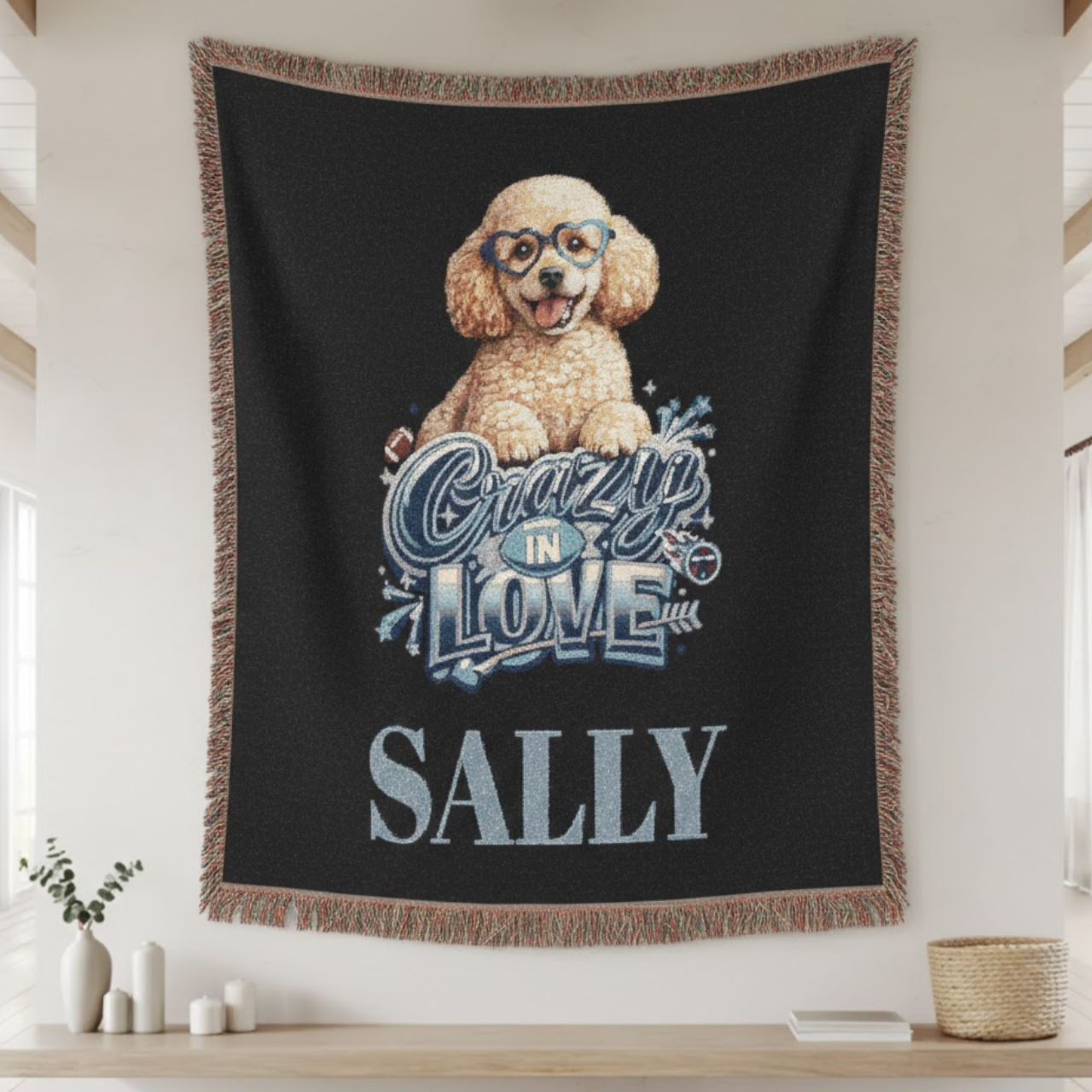 Custom Poodle "Crazy in Love" Woven Blanket – Personalized Pet Name Tapestry – Heirloom Quality Football Fan Gift &amp; Home Decor