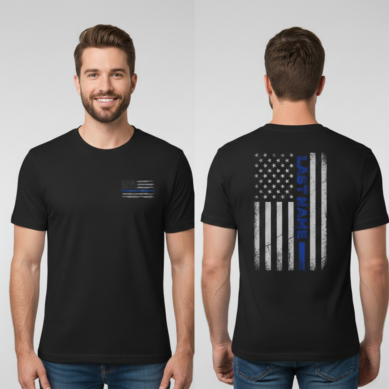 Custom Last Name American Flag Tee Thin Blue Vertical Line Flag T Shirt