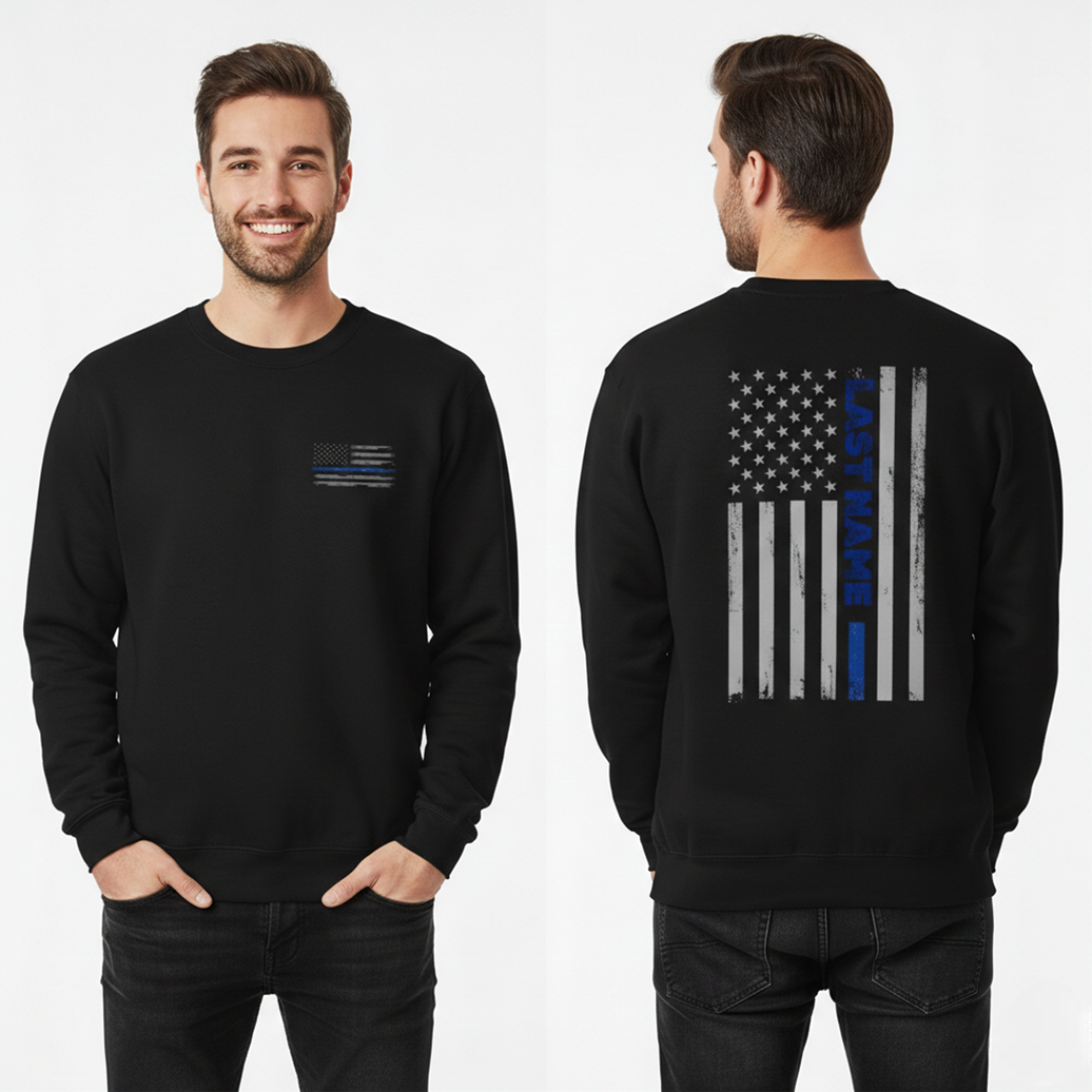 Custom Last Name American Flag Crewneck Sweatshirt Thin Blue Vertical Line Flag product thumbnail image