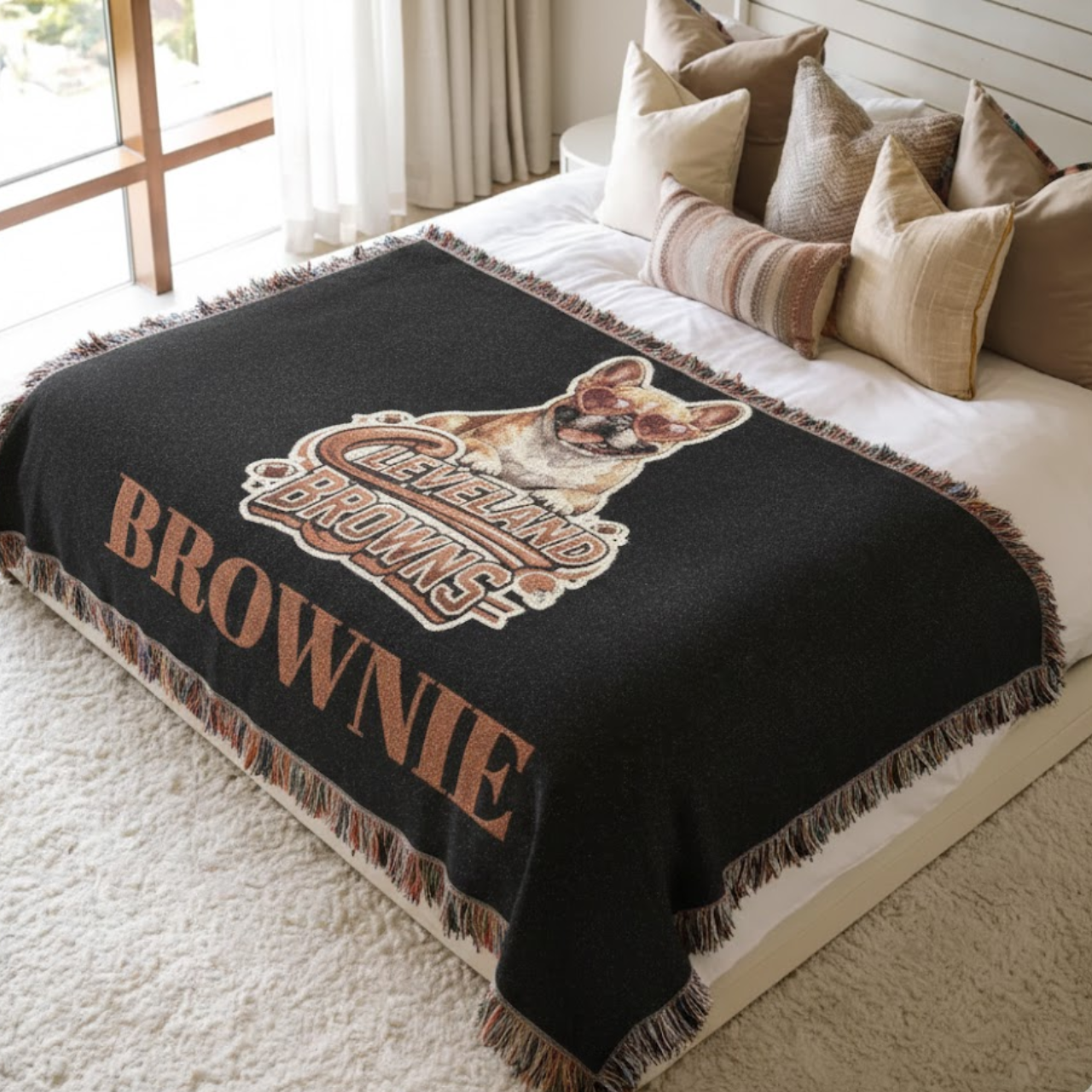 Cleveland Browns French Bulldog Custom Woven Throw Blanket - Brownie The Elf Inspired Fan Gear - 100% Cotton Fringed Tapestry product thumbnail image