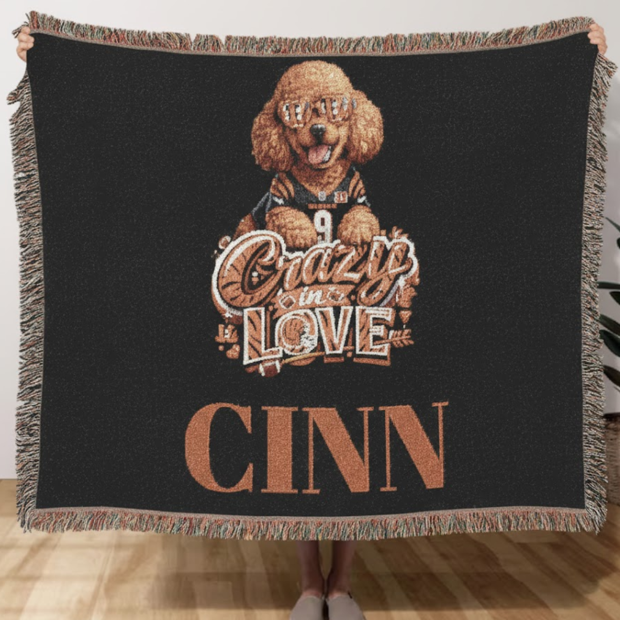 Custom Cincinnati Football Poodle Woven Throw Blanket - "Crazy In Love" Team Spirit Fringe Tapestry - Cozy Gift for Dog Moms &amp; Football Fans