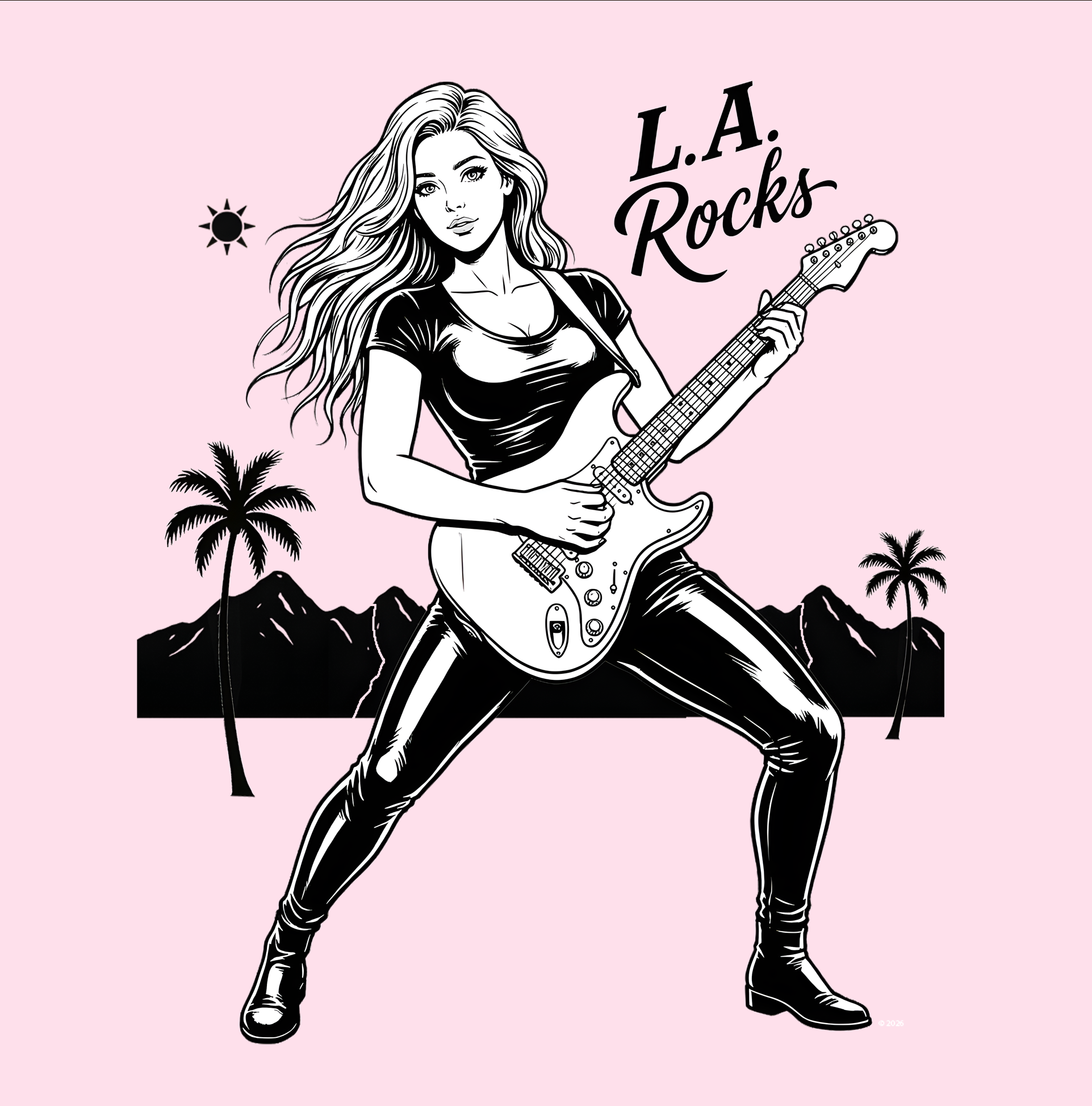 “L.A. Rocks” Vintage Pinup Music T-Shirt — Girls Rock Guitarist Graphic Tee product thumbnail image “L.A. Rocks” Vintage Pinup Music T-Shirt — Girls Rock Guitarist Graphic Tee product thumbnail image